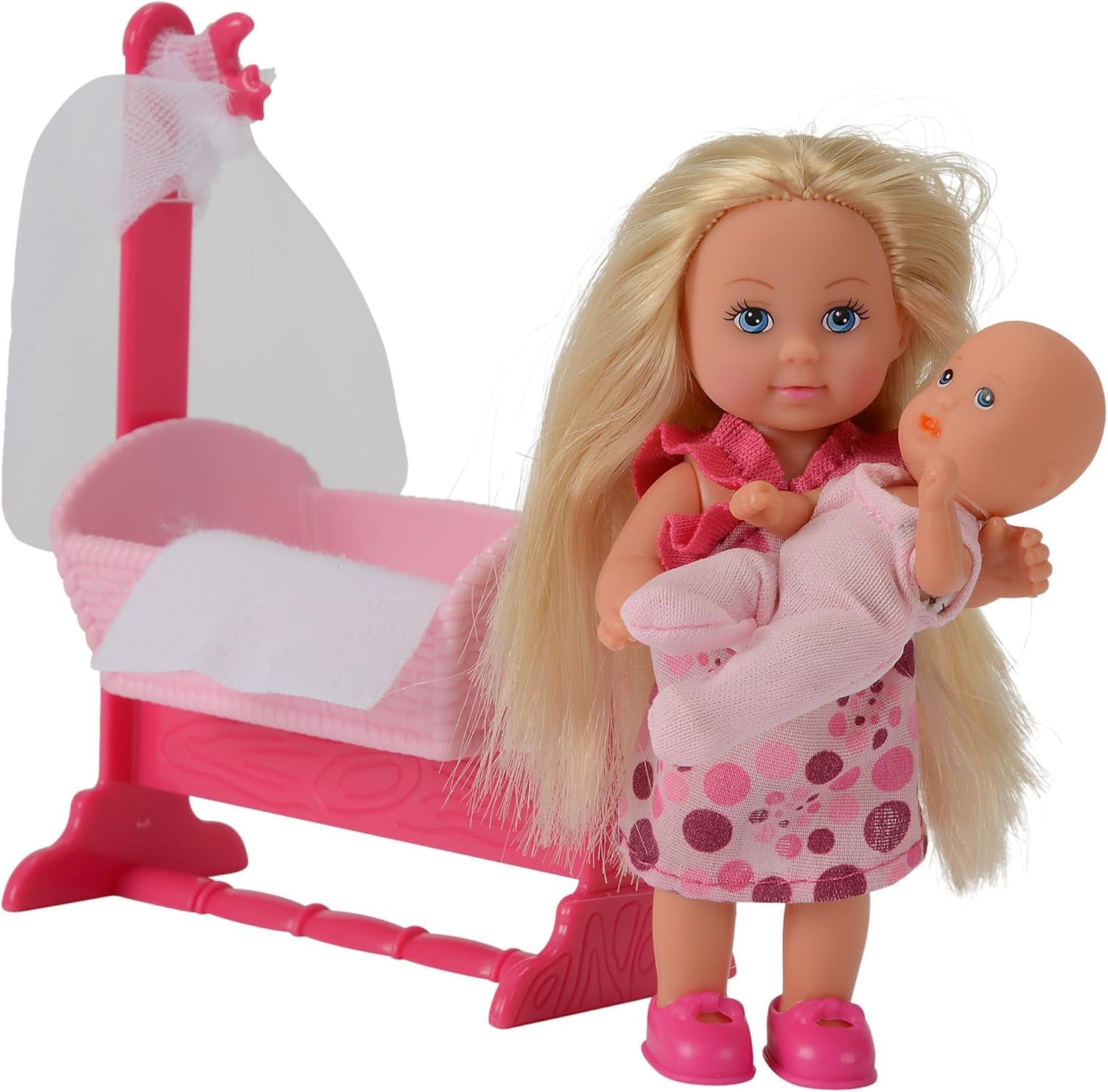 Simba 105736242 - Evi Love Doll Cradle 2 Assortiment Evi als oppas met wieg en babymodepop 12 cm voor 3 jaar en ouder