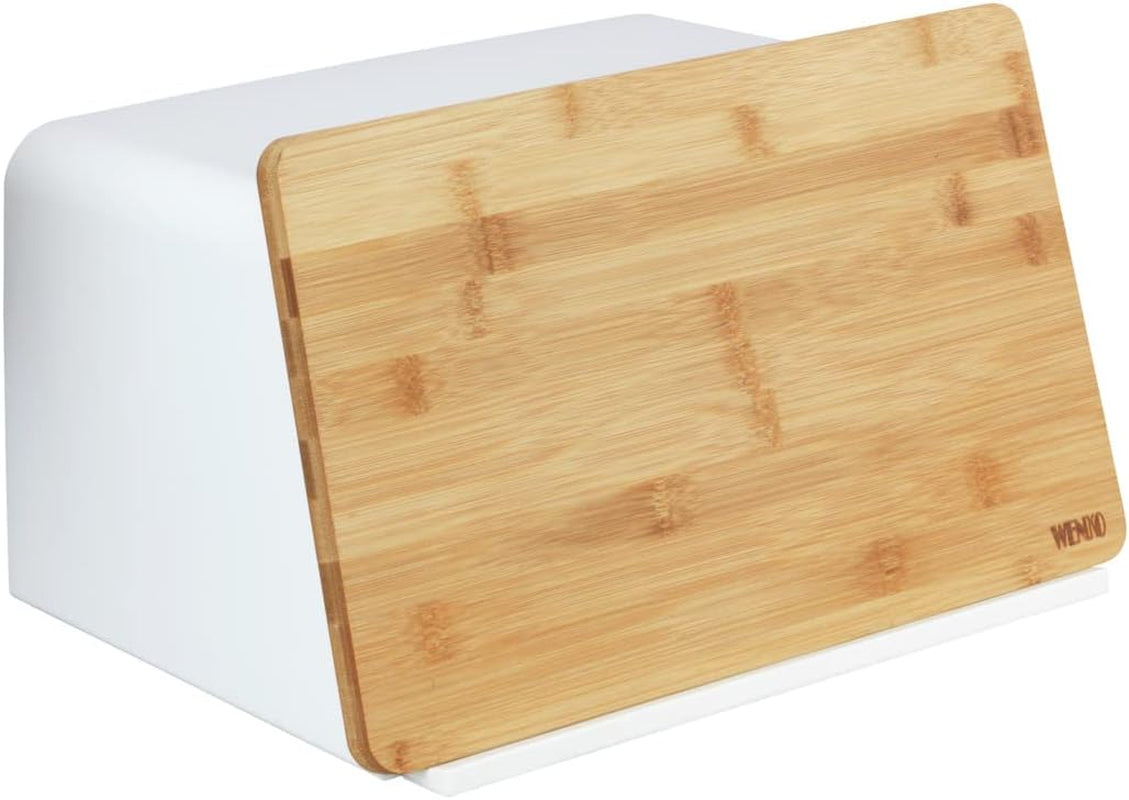 WENKO Kubo broodmand met bamboeplank, veelzijdige broodopslag met deksel en geïntegreerde bamboe snijplank, voedselopbergdoos, duurzame broodopslag, 35 x 20,5 x 26 cm, zwart/natuur Naty Shop voedselopslagdozen wit/bruin