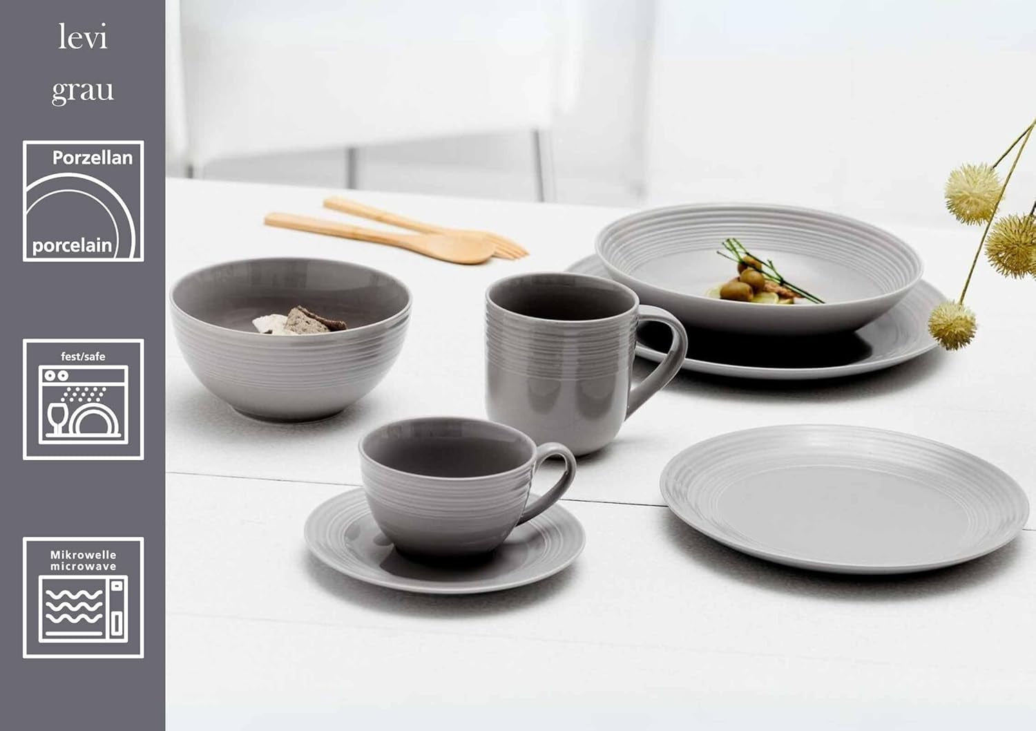 Ritzenhoff & Breker Levi 16-delige serviesset, borden, schalen en mokken voor 4 personen, Scandinavisch design met fijn gecanneleerd reliëf, Mix & Match serviesgoed, porselein, wit en grijs