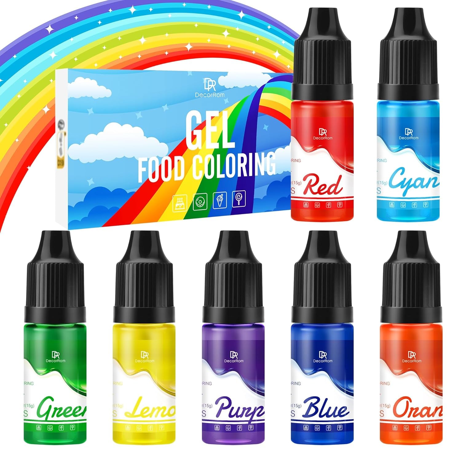 Gelvoedselkleuring - 7 x 15 ml geconcentreerde regenboogkleurige voedselkleuring voor taartdecoratie, bakken, koekjes, macarons - suikervrije voedselkleuring voor drankjes, taartdecoratie, slijm DIY