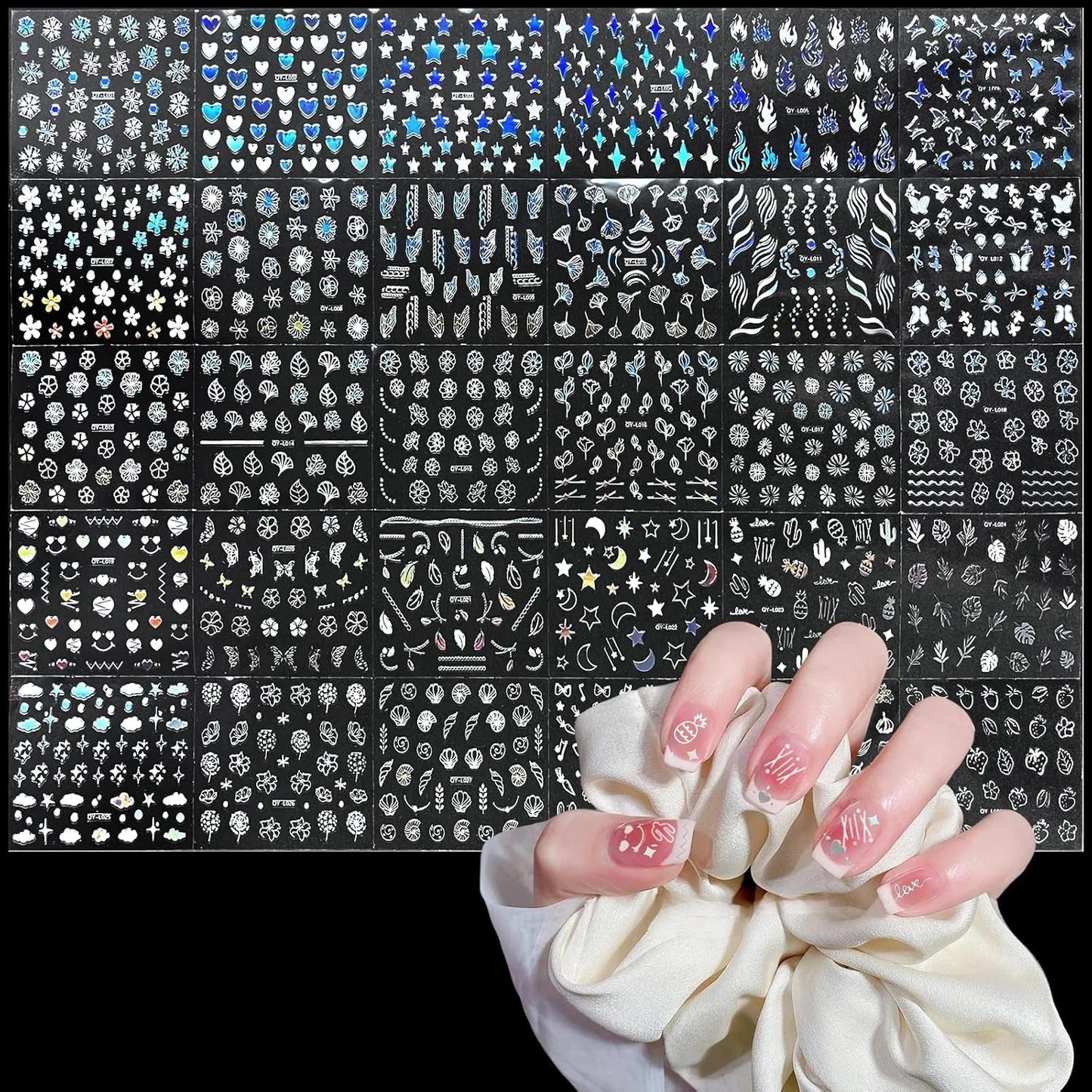 3D Nagelsticker Aurora 30 Blatt Gold Nail Art Sticker Selbstklebend Nagelaufkleber Holografisches Stern Herz Decoratie Nageldesign Zubehör