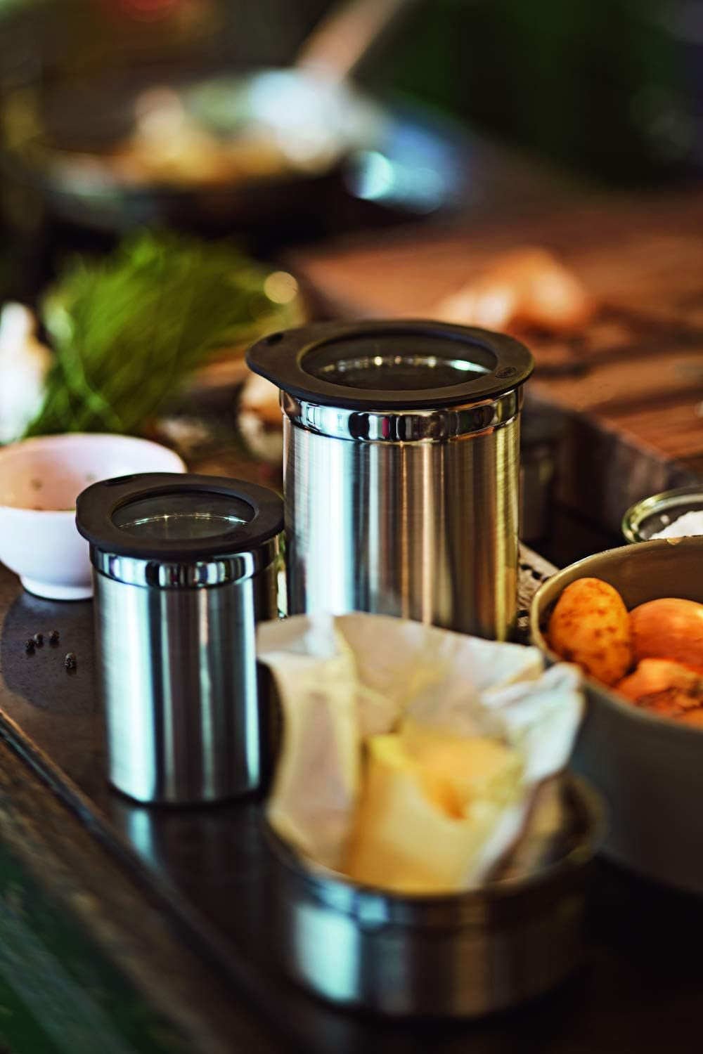 RÖSLE koffiedoos met deksel, roestvrij staal 18/10, 10 cm & koffiemaat, hoogwaardige koffielepel voor eenvoudig doseren van gemalen koffie, roestvrij staal 18/10, 17 x 3,7 x 2,7 cm, zilver Voedselbewaardozen Naty Shop