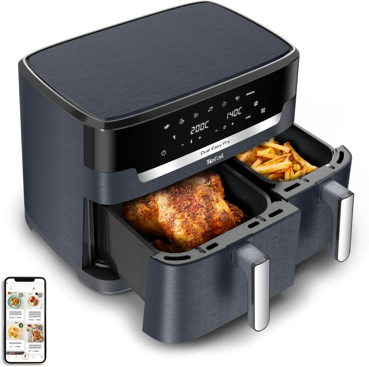 Tefal Dual Easy Fry Heteluchtfriteuse met twee kamers, inhoud 5,2/3,1 liter, twee onafhankelijke laden, 7 programma's Huishoudelijke apparaten Naty Shop Grijs / Antraciet