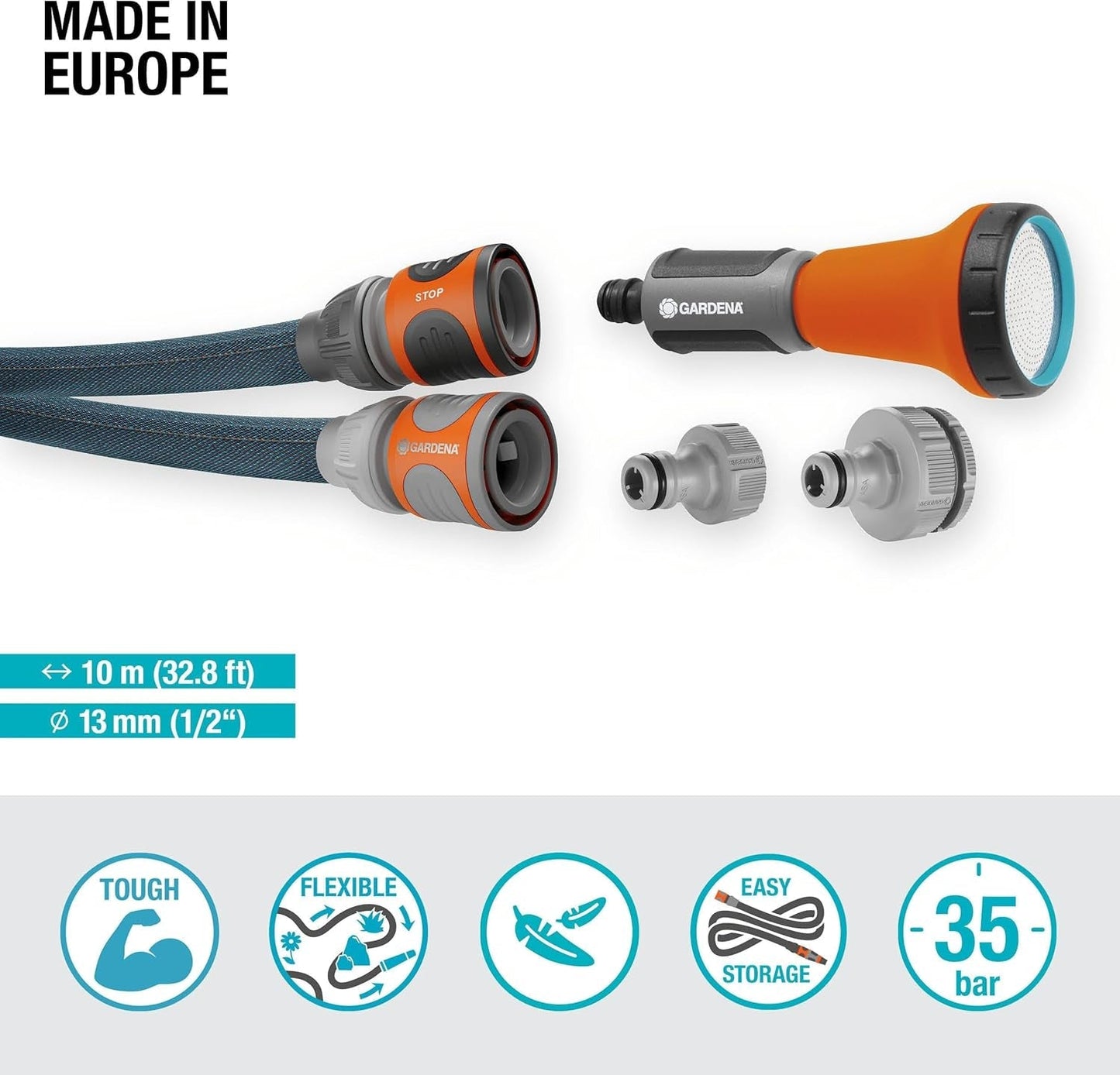 Gardena Liano Xtreme 1/2 Inch 10m Set: Extreem robuuste textiel tuinslang voor binnenkranen met lichtgewicht, weerbestendige PVC binnenslang (18460-20)