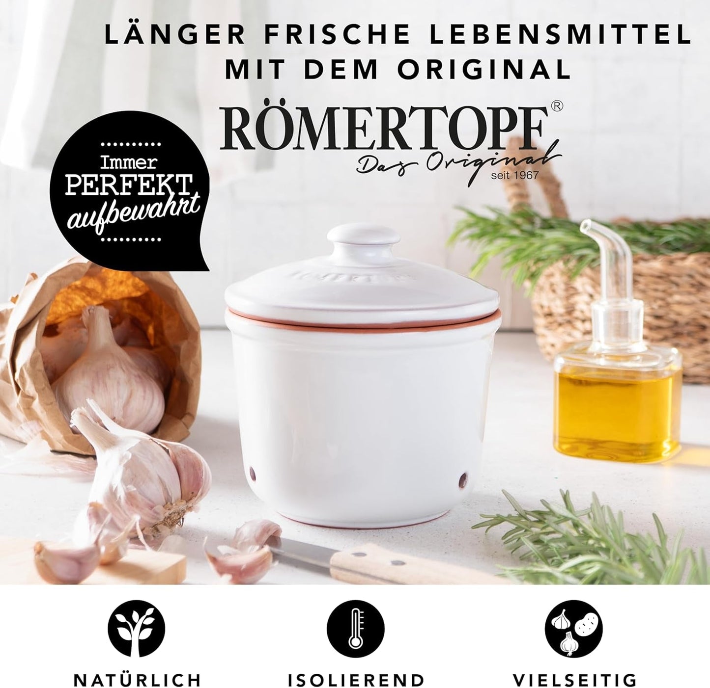 Römertopf Vershoudpot MINI 0,6 liter - Keramische knoflookpot - Ademende klei houdt groenten langer vers - Ideale luchtcirculatie - Wit Voedselbewaardozen Naty Shop