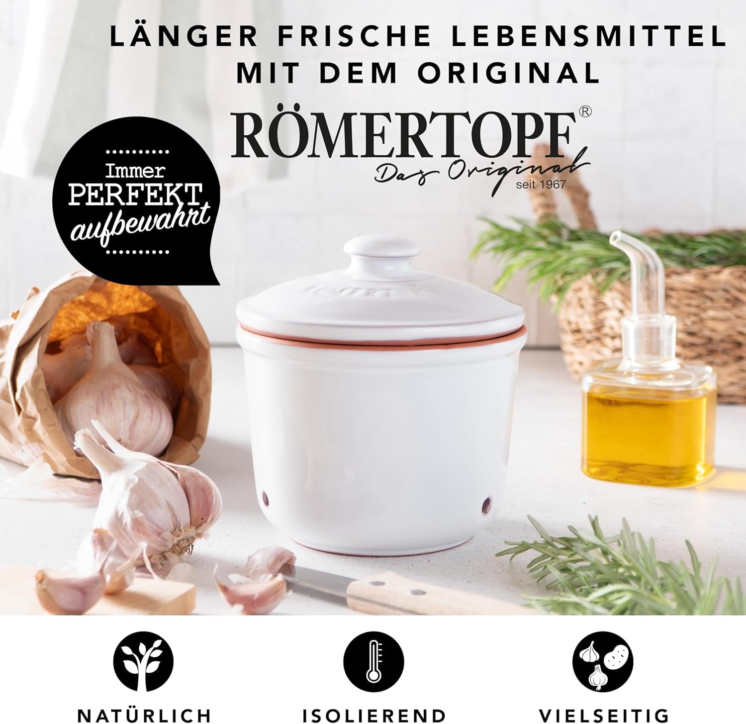 Römertopf Vershoudpot MINI 0,6 liter - Keramische knoflookpot - Ademende klei houdt groenten langer vers - Ideale luchtcirculatie - Wit Voedselbewaardozen Naty Shop