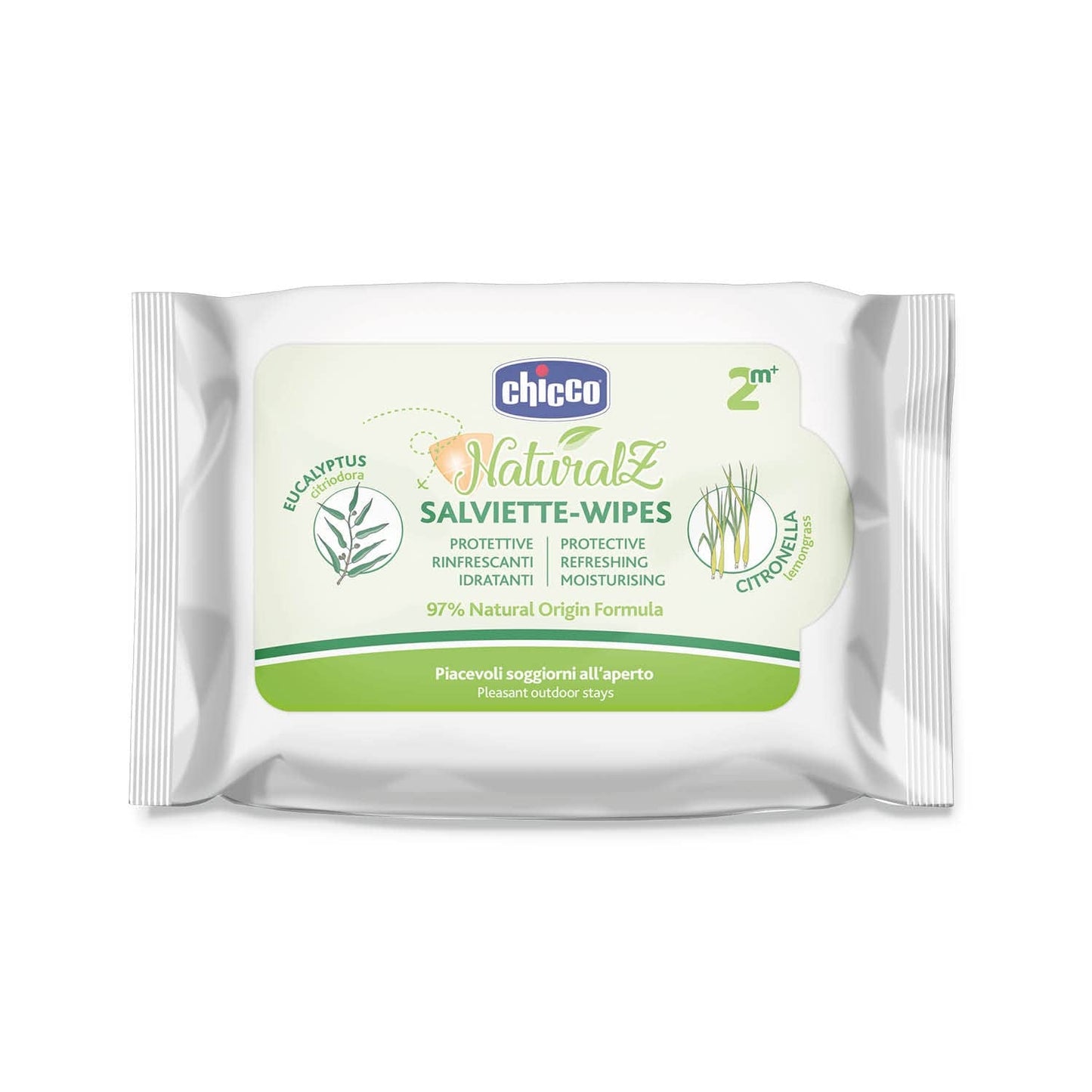 Chicco NaturalZ beschermende vochtige doekjes, 20 stuks. Natuurlijke zomerbescherming met citroengras en eucalyptus, dag- en nachtbescherming.