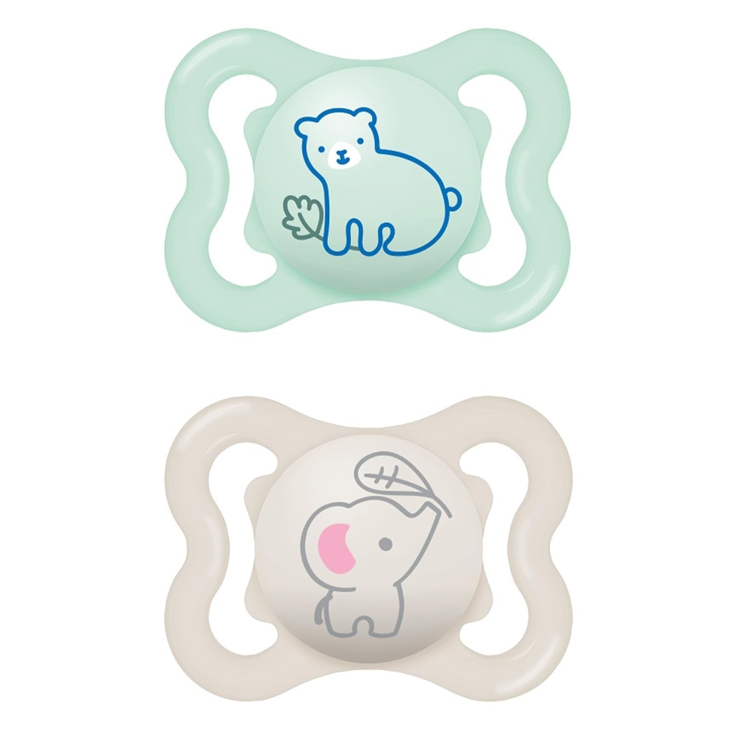 MAM Air siliconen fopspenen, 2 stuks, extra licht en luchtig ontwerp, tandvriendelijke babyfopspeen gemaakt van MAM SkinSoft speciale siliconen met fopspeendoos, 6-16 maanden beer/neushoorn