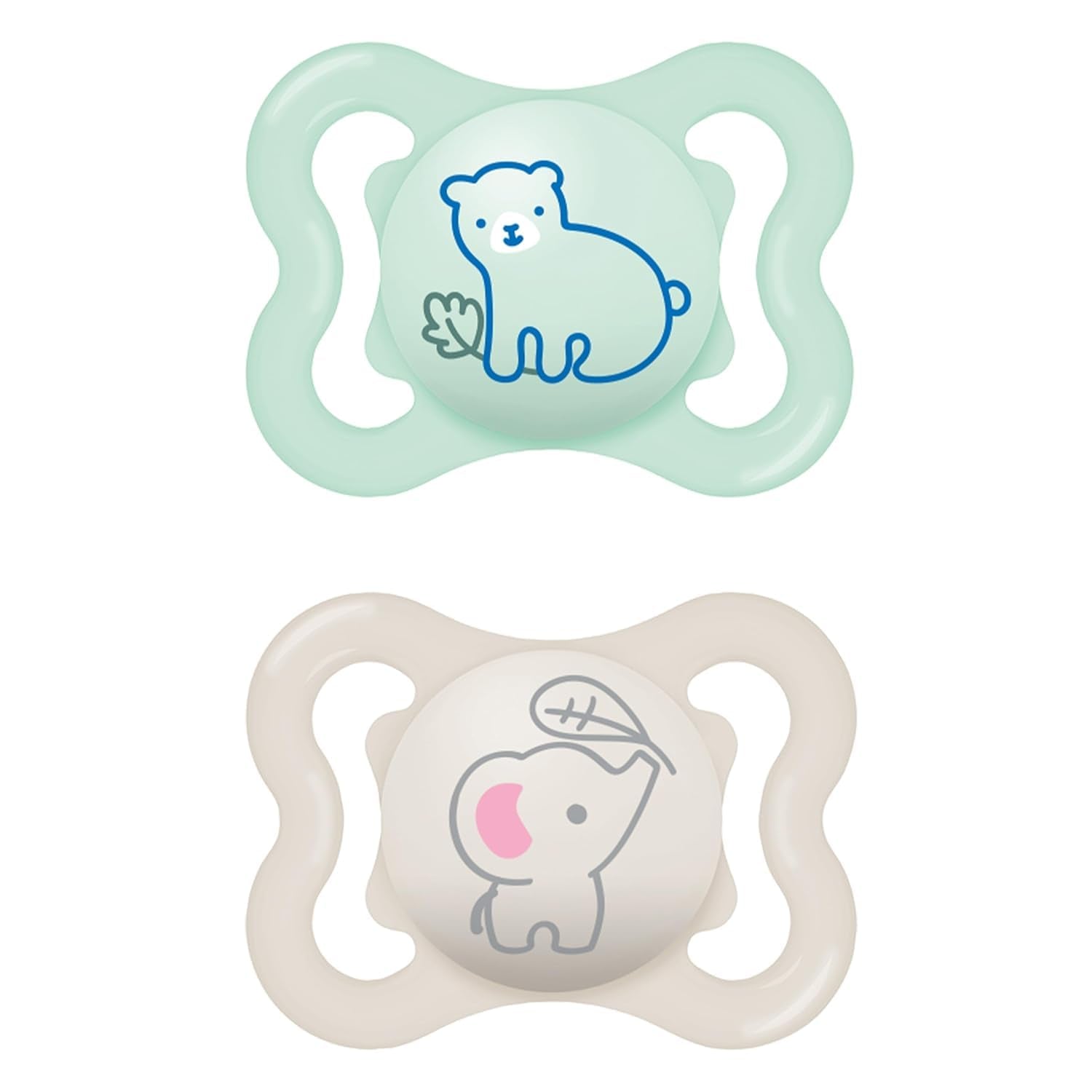 MAM Air siliconen fopspenen, 2 stuks, extra licht en luchtig ontwerp, tandvriendelijke babyfopspeen gemaakt van MAM SkinSoft speciale siliconen met fopspeendoos, 6-16 maanden beer/neushoorn
