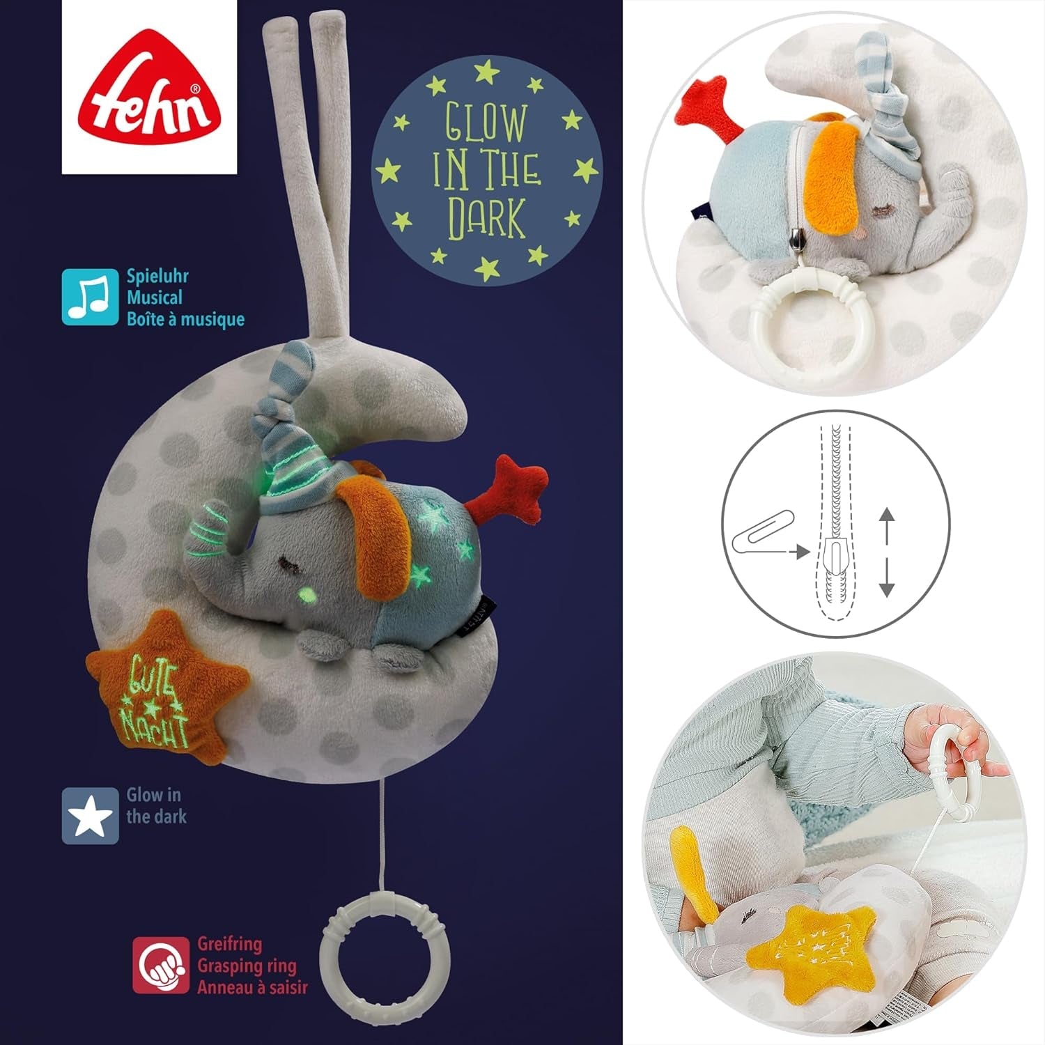 Fehn muziekdoos babyolifant in de maan - borduursel "Glow-in-the-dark" met het liedje "The moon has risen" - knuffel om je te helpen in slaap te vallen - speelgoed voor kinderen onderweg en thuis - vanaf 0+ maanden Babyspeelgoed Naty Shop