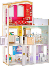 Rainbow High Townhouse - Houten poppenhuis van 3 verdiepingen met 5 kleurrijke kamers en terras - Volledig ingericht huis met lift en functionele accessoires - Speelgoed voor 4-12+ jaar oude poppenhuizen Naty Shop 2021 Rainbow High House