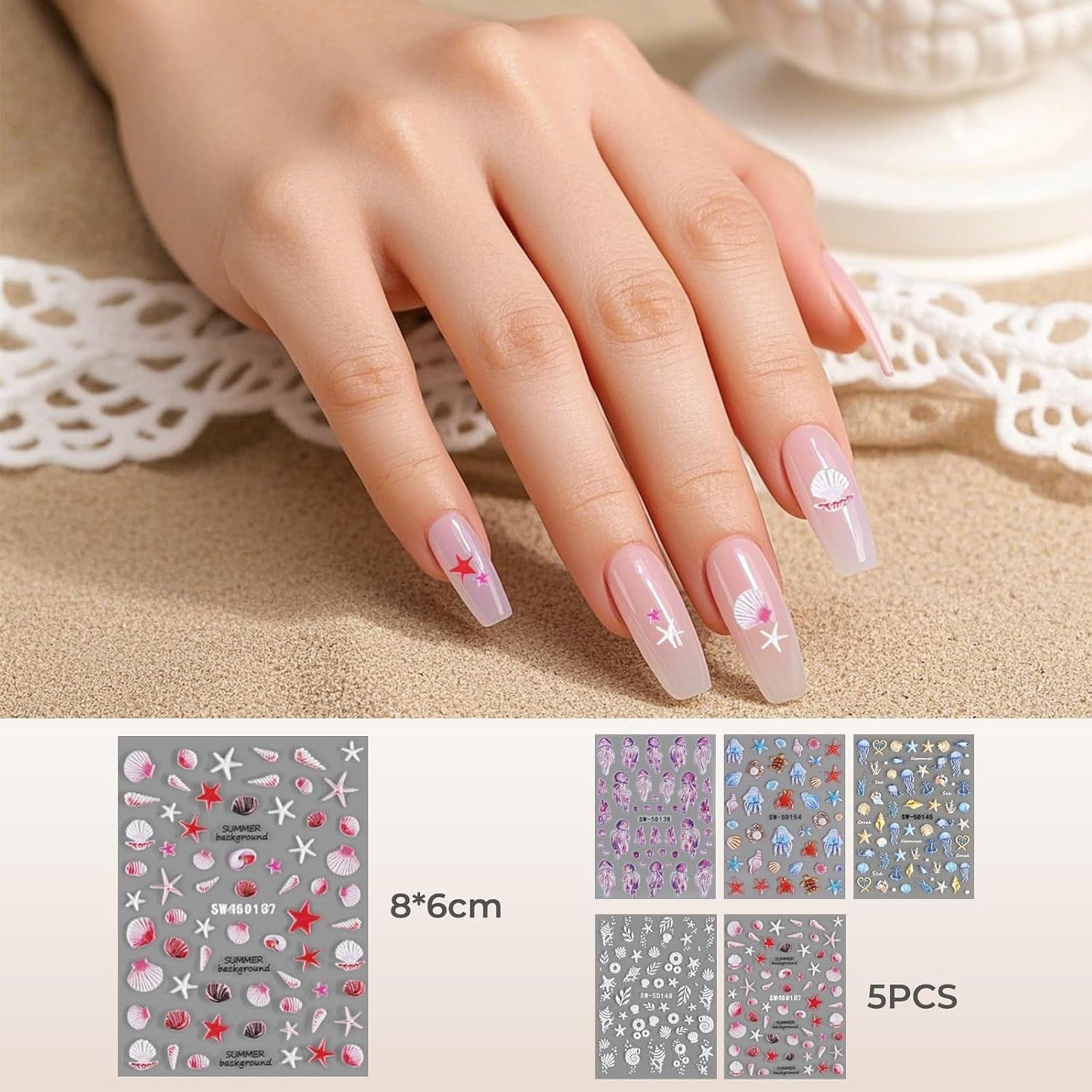 5 stuks 5D reliëf nagelstickers oceaanpatroon nagelbedels oceaan zomer nagelstickers schelpen zeedieren schattig nagelontwerpstickers nagelontwerpaccessoires