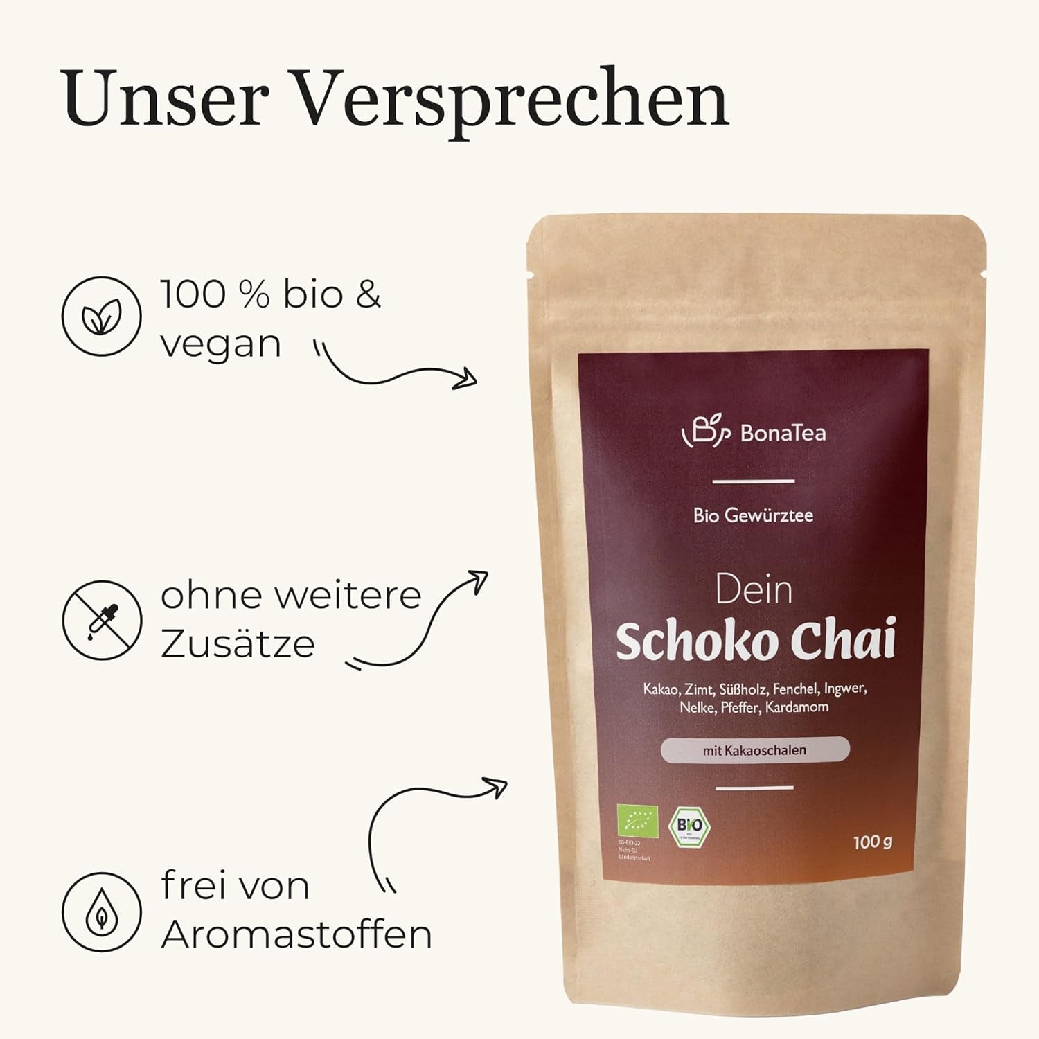 BIO Schoko Chai kruidenthee zonder suiker, met cacaopeulen, kaneel, zoethout en andere aromatische Chai-kruiden, 100 g