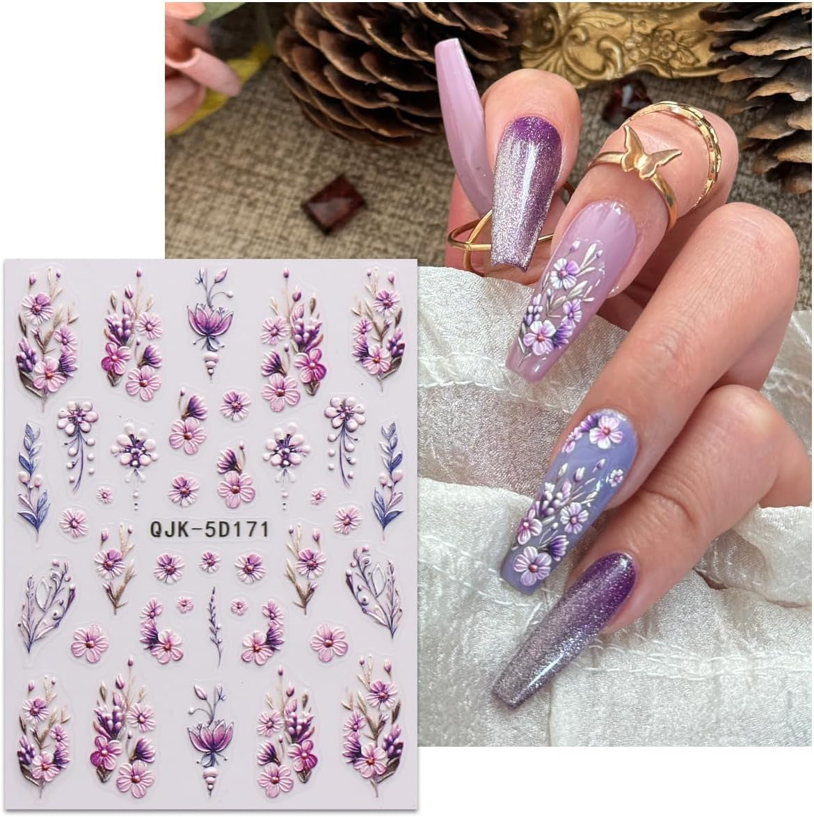 JMEOWIO 3D Nagelsticker Blumen Nail Art Sticker Selbstklebend Nagelaufkleber 5D Stereoskopisch Frühling Zomer Decoratie Nageldesign Zubehör 4 Blatt