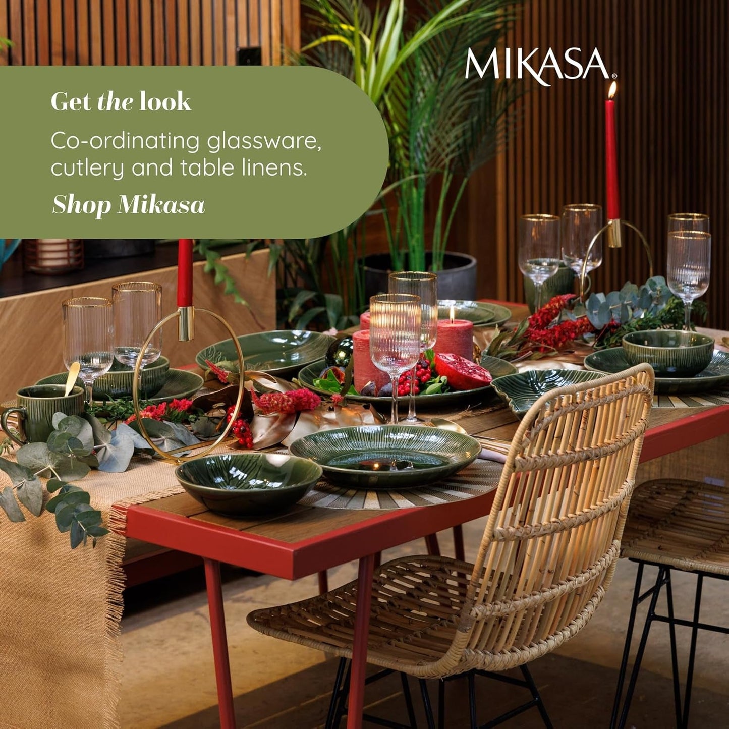 Mikasa Jardin 12-delige serviesset, 4-persoons aardewerk serviesset met borden, zijborden en schalen, groen - geschenkdoos en vaatwasmachinebestendig