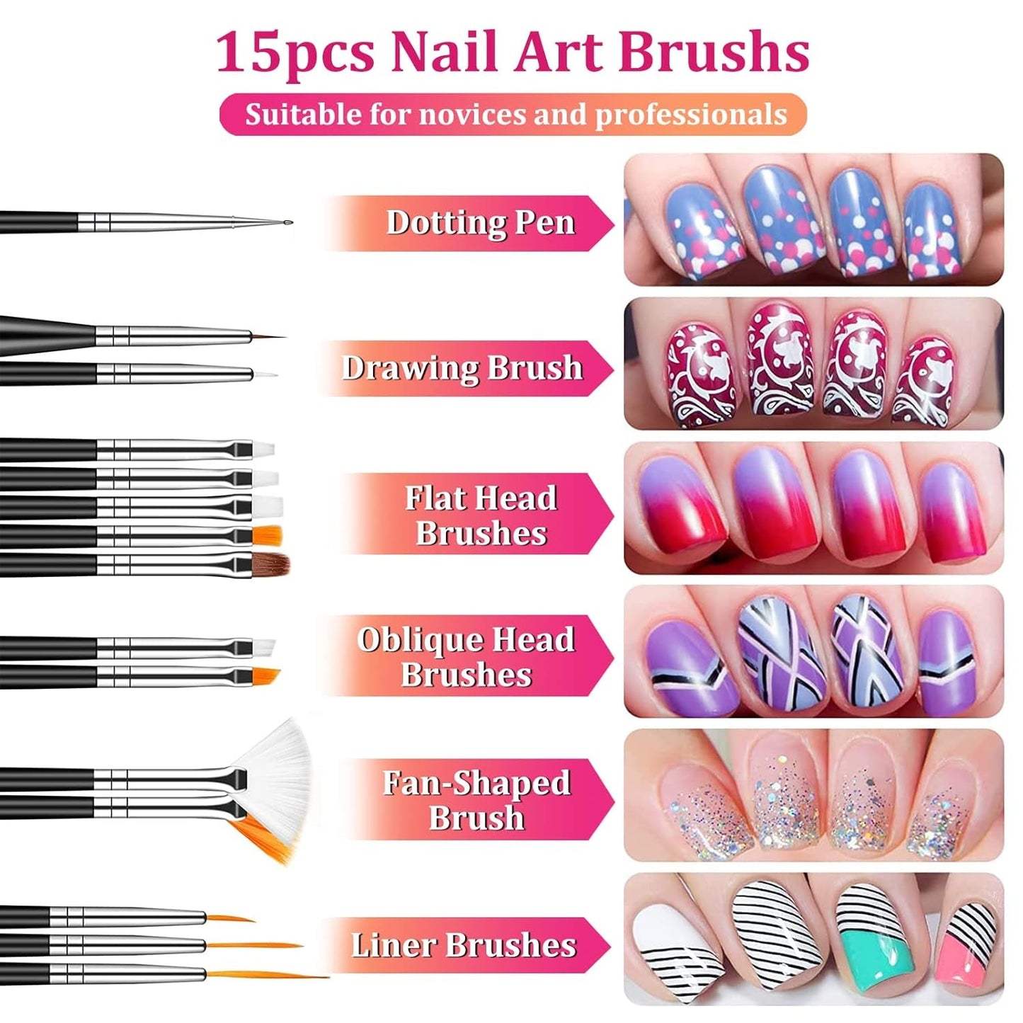 Nail Art Pinsel en decoratieset,Nail Art decoratieset,15 stuks Pinsel,5 Blätter Nagelsticker,5 stuks Dotted Pen,Strasssteine ​​​​Nägel,Ultra Dünn Nagel Pailetten voor Nagelkunst Maniküre