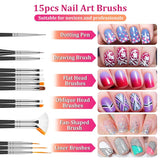 Nail Art Pinsel en decoratieset,Nail Art decoratieset,15 stuks Pinsel,5 Blätter Nagelsticker,5 stuks Dotted Pen,Strasssteine ​​​​Nägel,Ultra Dünn Nagel Pailetten voor Nagelkunst Maniküre