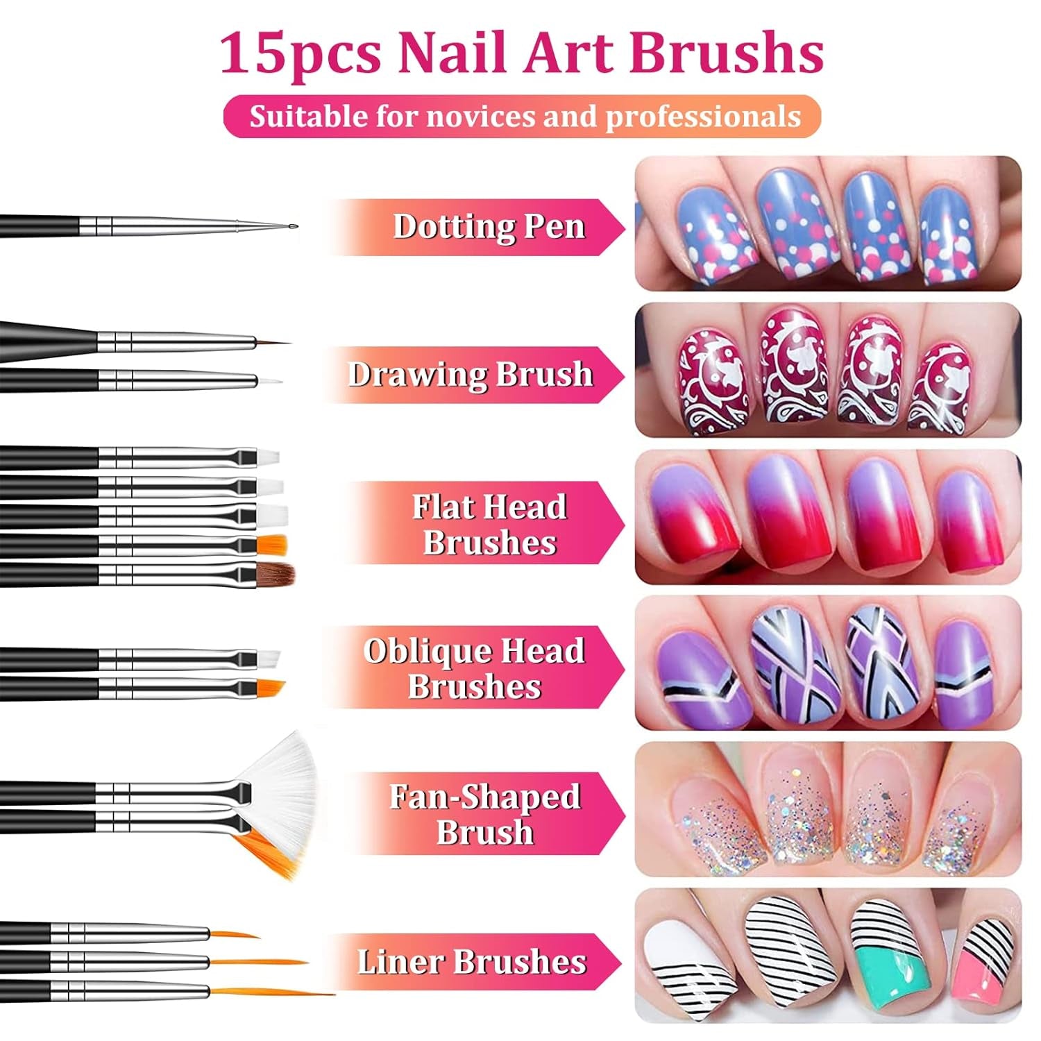 Nail Art Pinsel en decoratieset,Nail Art decoratieset,15 stuks Pinsel,5 Blätter Nagelsticker,5 stuks Dotted Pen,Strasssteine ​​​​Nägel,Ultra Dünn Nagel Pailetten voor Nagelkunst Maniküre