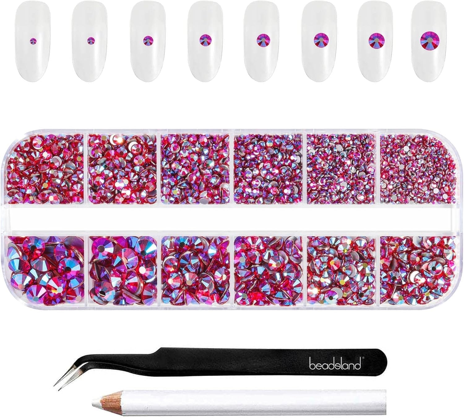 Beadsland 2500 stuks glas Nailart Strasssteine ​​Kristall Flatback Edelsteine ​​Runde, voor handwerk Gemischt 8 Größen SS4 ~ SS30 Mit Picking Pinzette en Stift (Kristall Weiss)