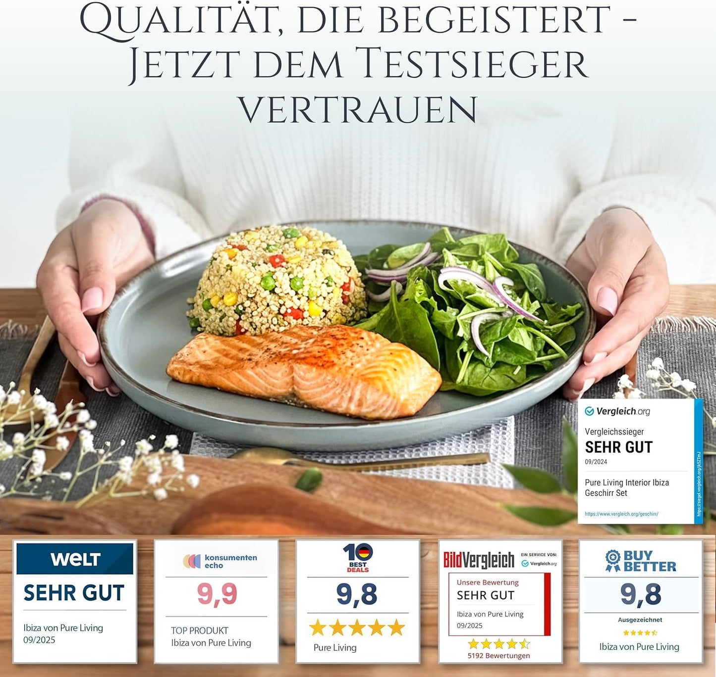 Steingut Geschirrset 6 Personen Rustiek 24 tlg. TESTSIEGER, Hochwertiges Landhaussttil Steingut Geschirr Set, Schüssel- und Teller Set, Tafelservice 6 Personen, Geschirrsets Puur Wonen in Rauchblau