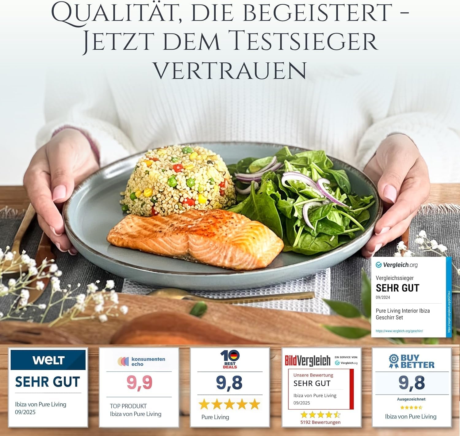 Steingut Geschirrset 6 Personen Rustiek 24 tlg. TESTSIEGER, Hochwertiges Landhaussttil Steingut Geschirr Set, Schüssel- und Teller Set, Tafelservice 6 Personen, Geschirrsets Puur Wonen in Rauchblau