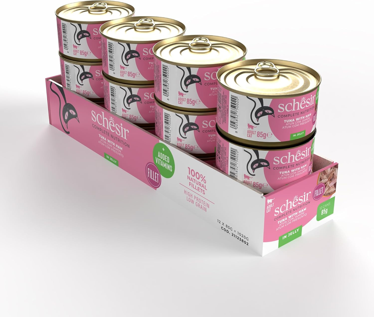 Tonijn met ham in gelei, nat kattenvoer, blik, 100% natuurlijk, met toegevoegde vitamines, 12 x 85 g
