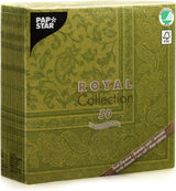 Papstar, 50 servetten "ROYAL Collection" 1/4 vouw 40 Cm X 40 Cm olijfgroen "Ornamenten", #81746