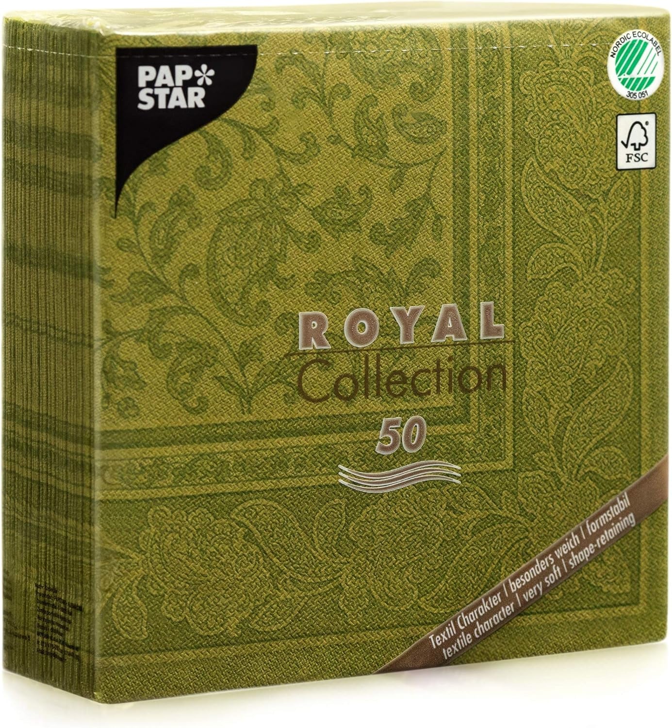 Papstar, 50 servetten "ROYAL Collection" 1/4 vouw 40 Cm X 40 Cm olijfgroen "Ornamenten", #81746
