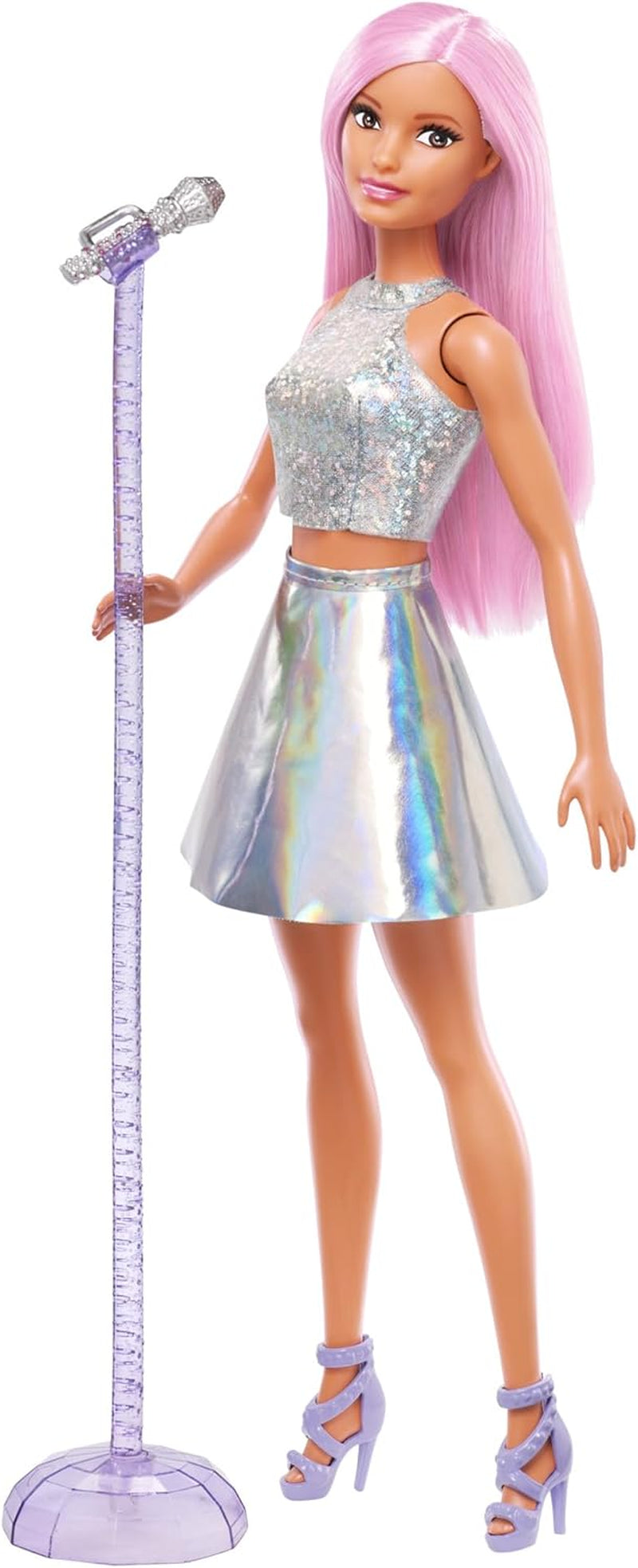 Barbie Popster-pop gekleed in sprankelende rok met microfoon en roze haar Cadeau voor kinderen van 3-7 jaar oud JCW42 Oogverblindende poppen Naty Shop Iriserend
