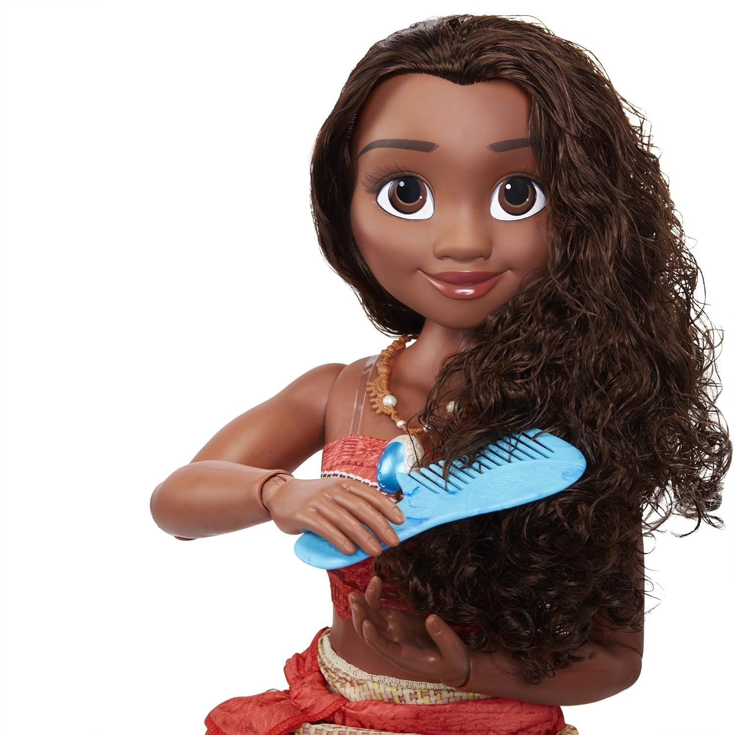 Disney Princess Vaiana, 80 cm grote speelpop van Jakks Pacific, bewegliche pop, met Bürste zum Kämmen ihrer welligen Locken, vom Film geïnspireerde Kleed, abnehmbare Halskette met Anhänger