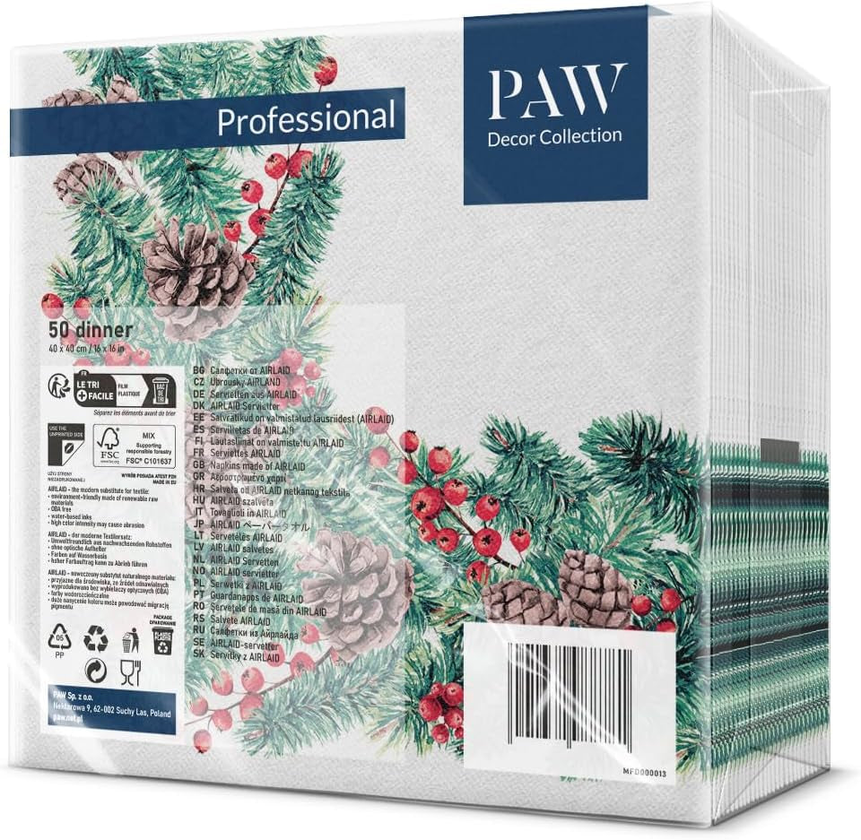 PAW - Airlaid servetten (40 x 40 cm) I 50 stuks I Perfect voor Kerstmis, winter en feestdagen I Kerstavond tafeldecoraties I Airlaid stofachtige servetten Wintertakken I Wintertakken