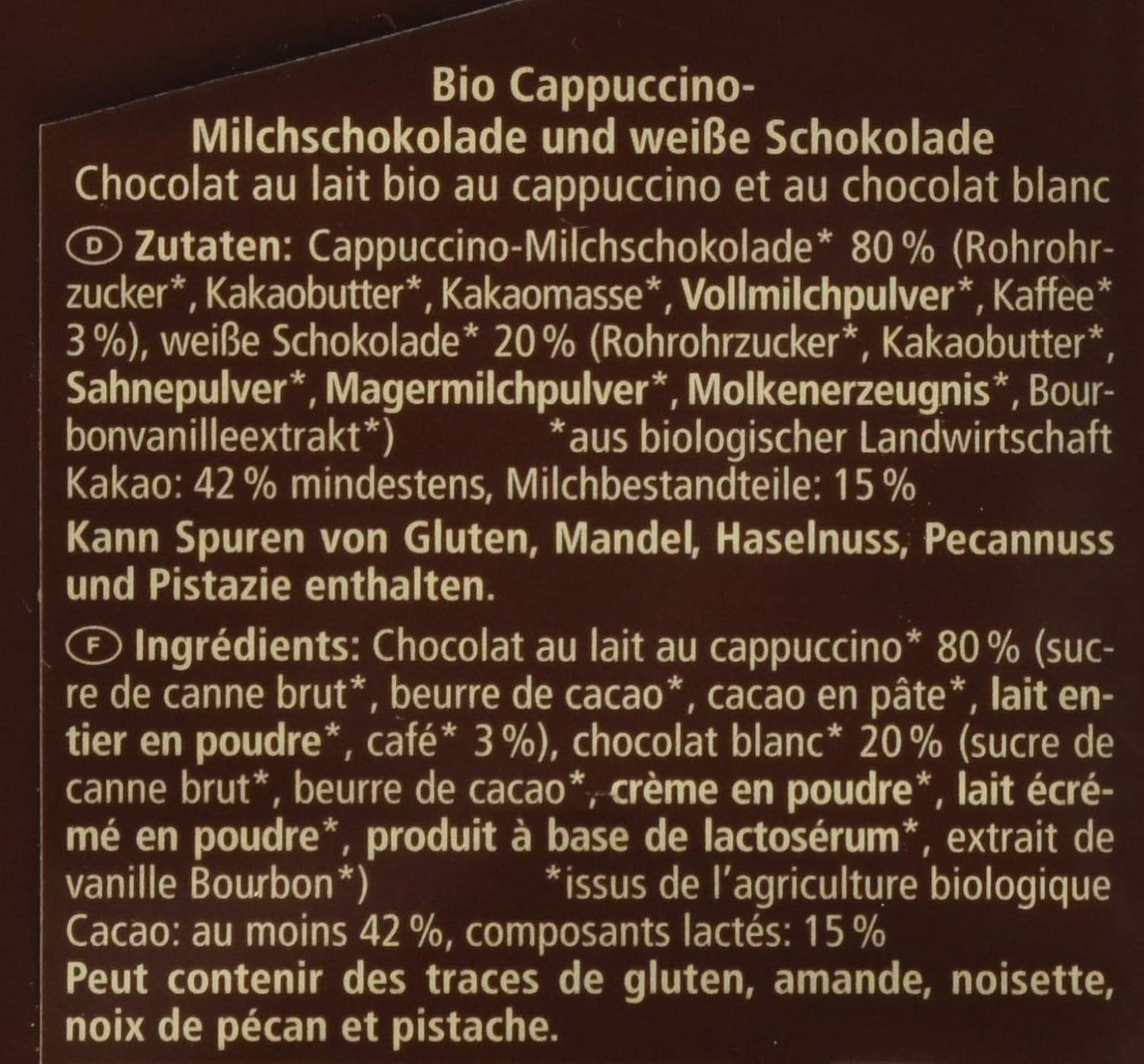 Biologische chocolade gevuld met cappuccino, 100g