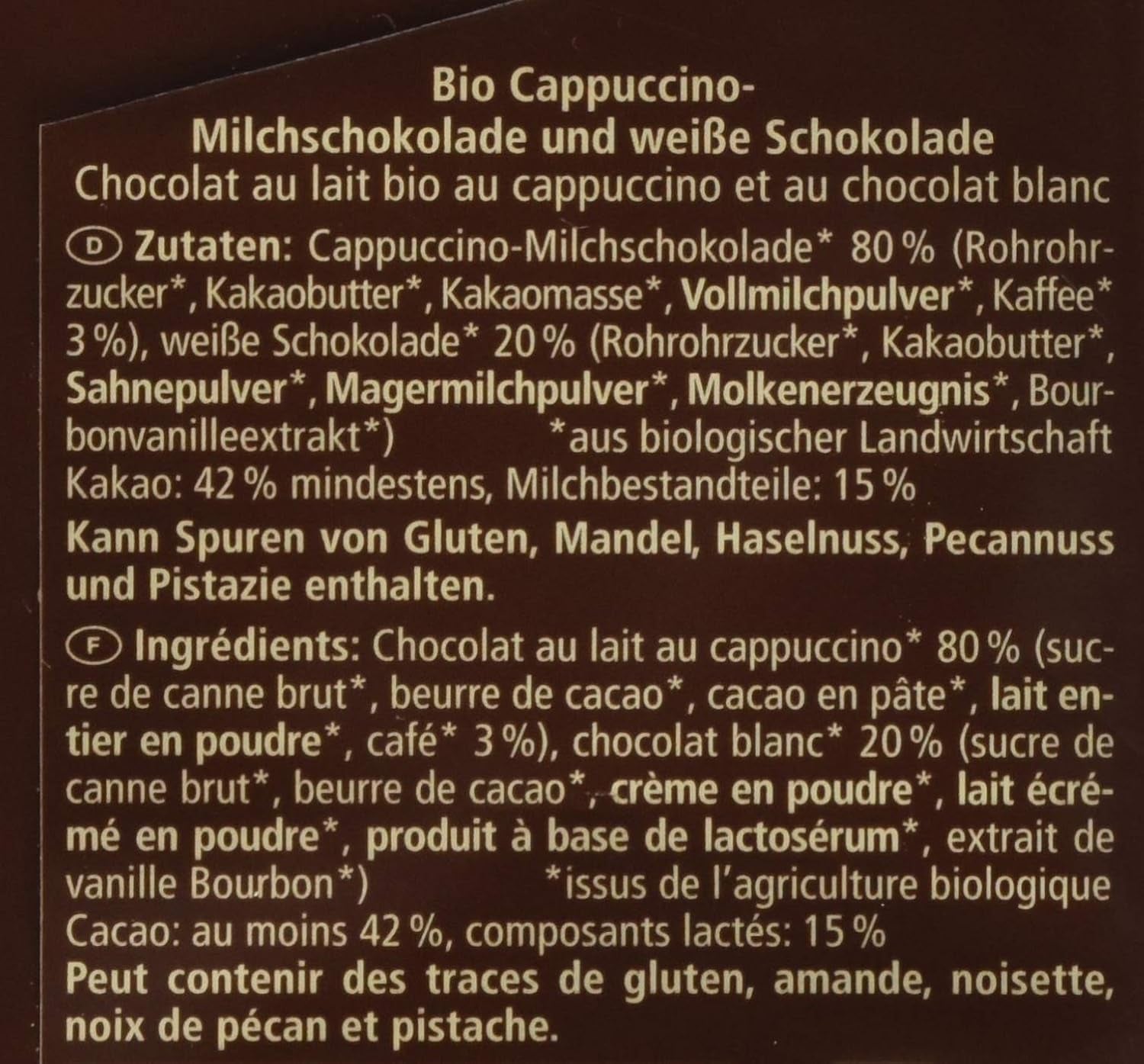 Biologische chocolade gevuld met cappuccino, 100g