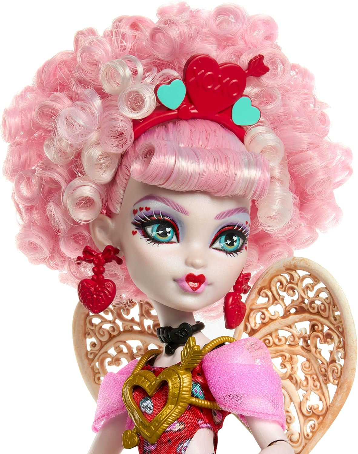 Monster High Scary Sweet Birthday Cupido Asteria-pop in roze en rode feestjurk met thema-accessoires zoals uitnodiging, ballon, cadeau en meer, JBG77