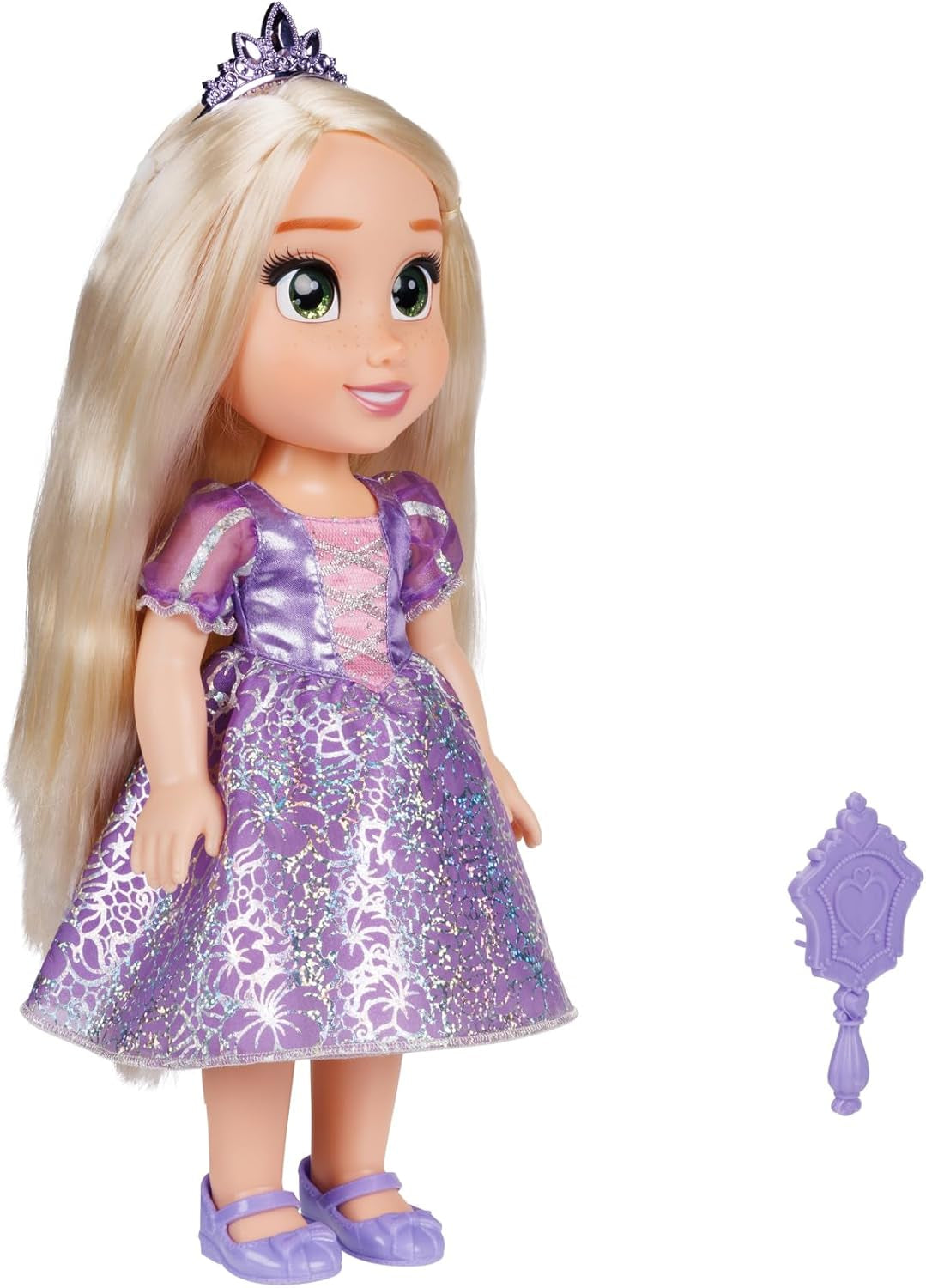 Disney Princess Rapunzel pop van 35 cm, reflecterende glitterogen, beweegbare gewrichten, afneembare jurk, schoenen, kroon, lang blond haar, voor meisjes vanaf 3 jaar