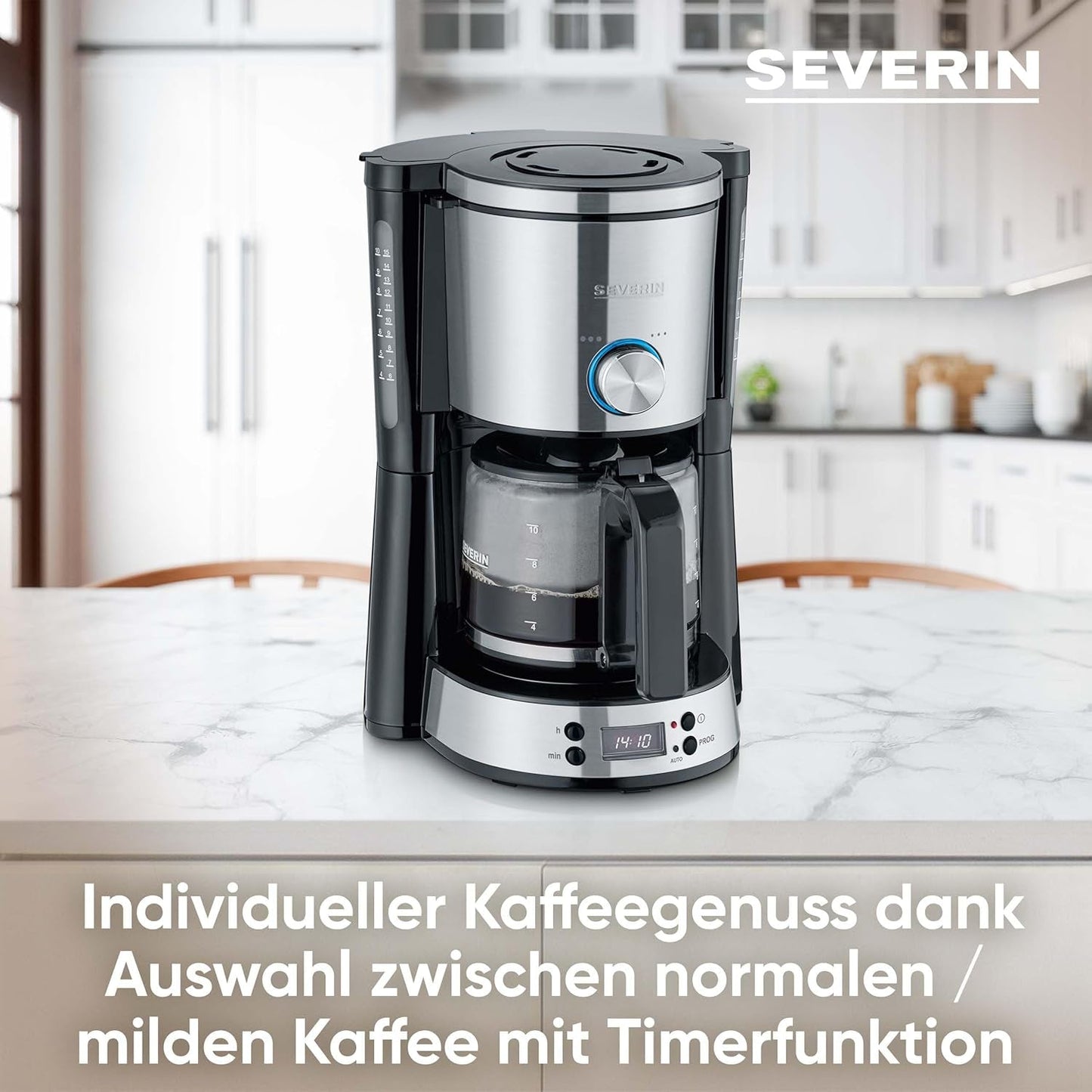 SEVERIN "TypeSwitch" espressomachine met glazen karaf en timer, AromaSwitch voor het kiezen van 2 zetopties, digitale klok met timerfunctie, voor maximaal 10 kopjes, 1000W, geborsteld roestvrij staal-zwart, KA 4826