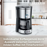 SEVERIN "TypeSwitch" espressomachine met glazen karaf en timer, AromaSwitch voor het kiezen van 2 zetopties, digitale klok met timerfunctie, voor maximaal 10 kopjes, 1000W, geborsteld roestvrij staal-zwart, KA 4826