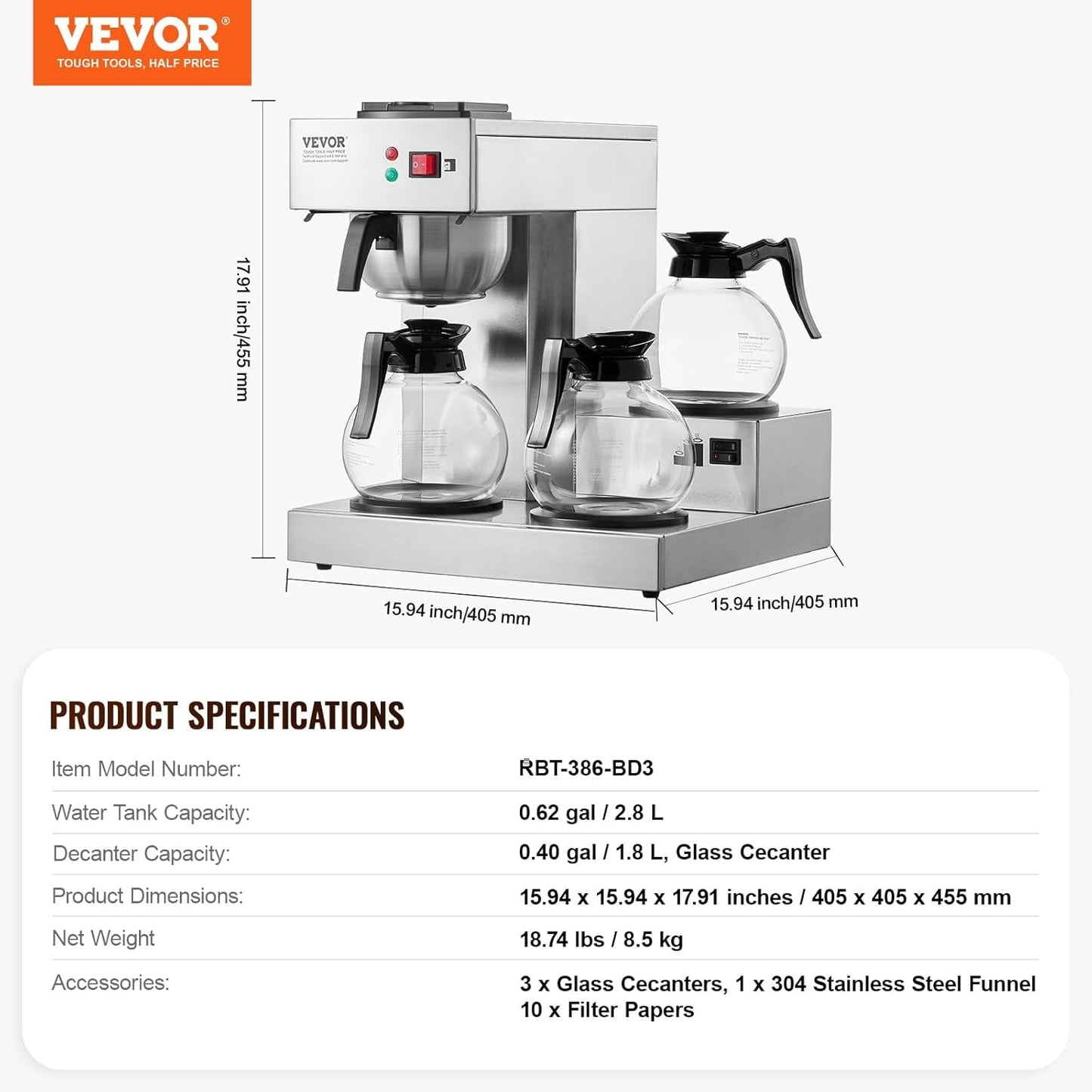 VEVOR Commerciële filter-espressomachine met 12 kopjes, 3 glazen karaffen en 3 verwarmingsplaten, roestvrijstalen espressomachine met automatische watertoevoer voor restaurant, kantoor, koffiebar
