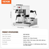 VEVOR Commerciële filter-espressomachine met 12 kopjes, 3 glazen karaffen en 3 verwarmingsplaten, roestvrijstalen espressomachine met automatische watertoevoer voor restaurant, kantoor, koffiebar
