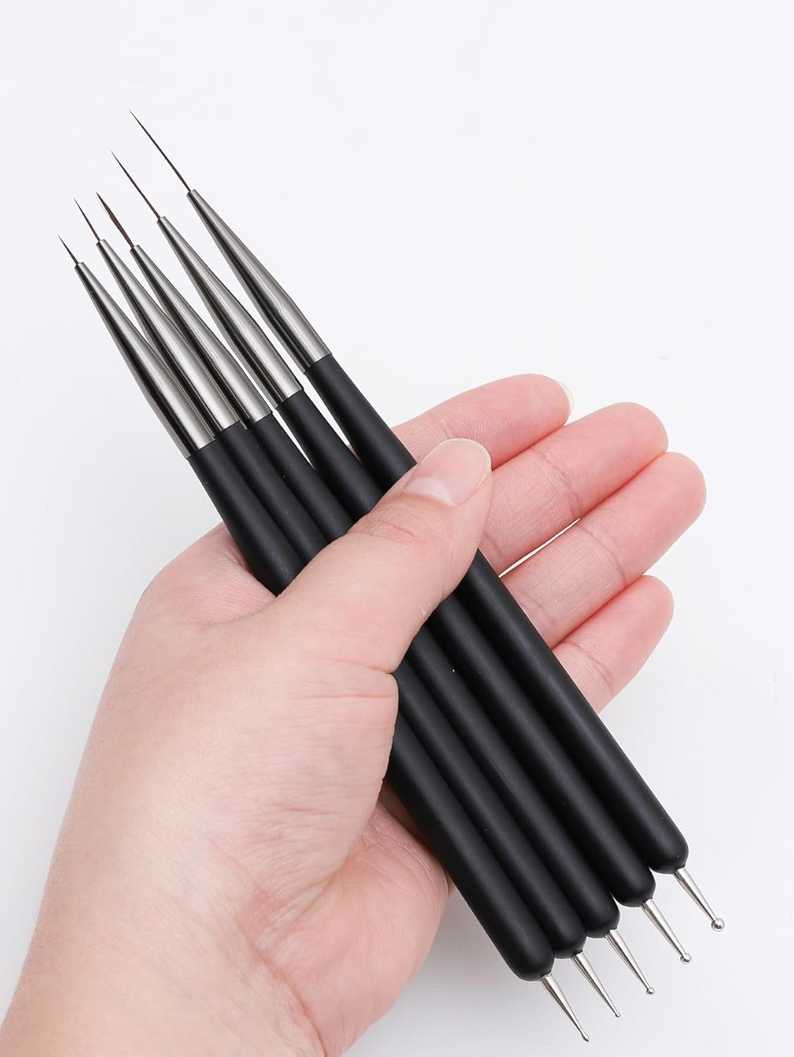 Nagelkunst-Pinsel, 5 Stück, Nailart-Pinsel, Punktierstift-Werkzeuge, Malkunst-Design-Pinsel-Set Für Lange Linien, Dünne Details, Feine Zeichnungsgrößen 7/9/11/15/22 Mm, Zwart