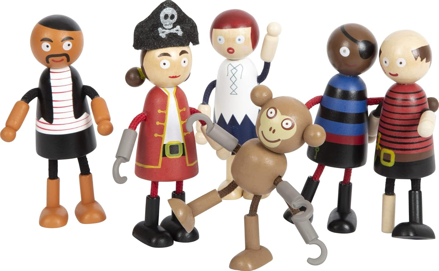 Small Foot flexibele houten piratenpoppen, 5 piraten en 1 aap, gedetailleerd en flexibel, vanaf 3 jaar, 12412