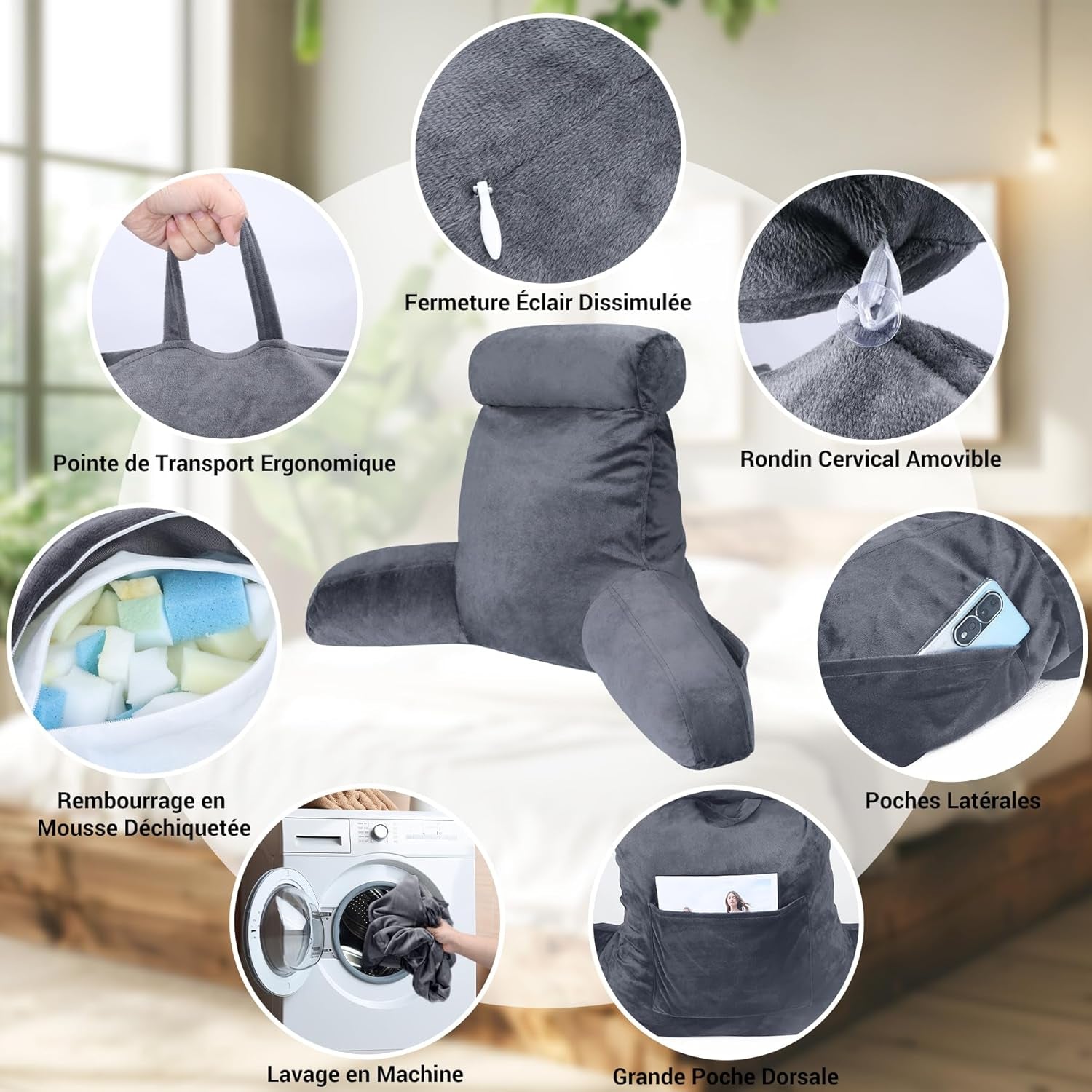 INFANTIA ergonomisch leeskussen met armleuningen, rugsteun, groot, grijs
