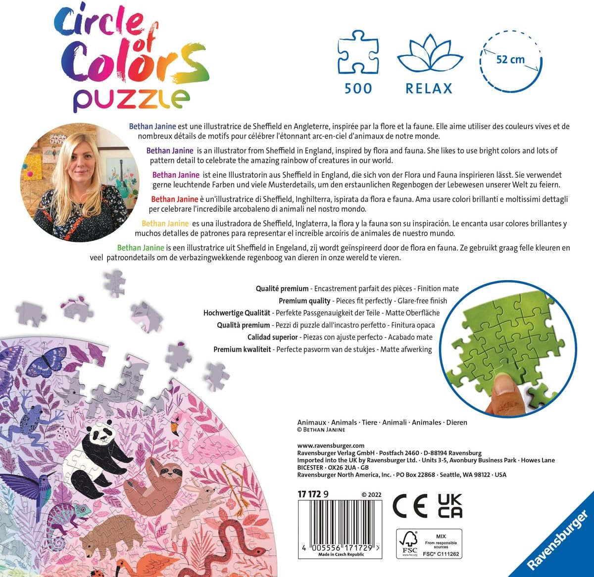 Ravensburger Puzzel 17172 Cirkel van kleuren - Dieren 500 stukjes Puzzel Naty Shop