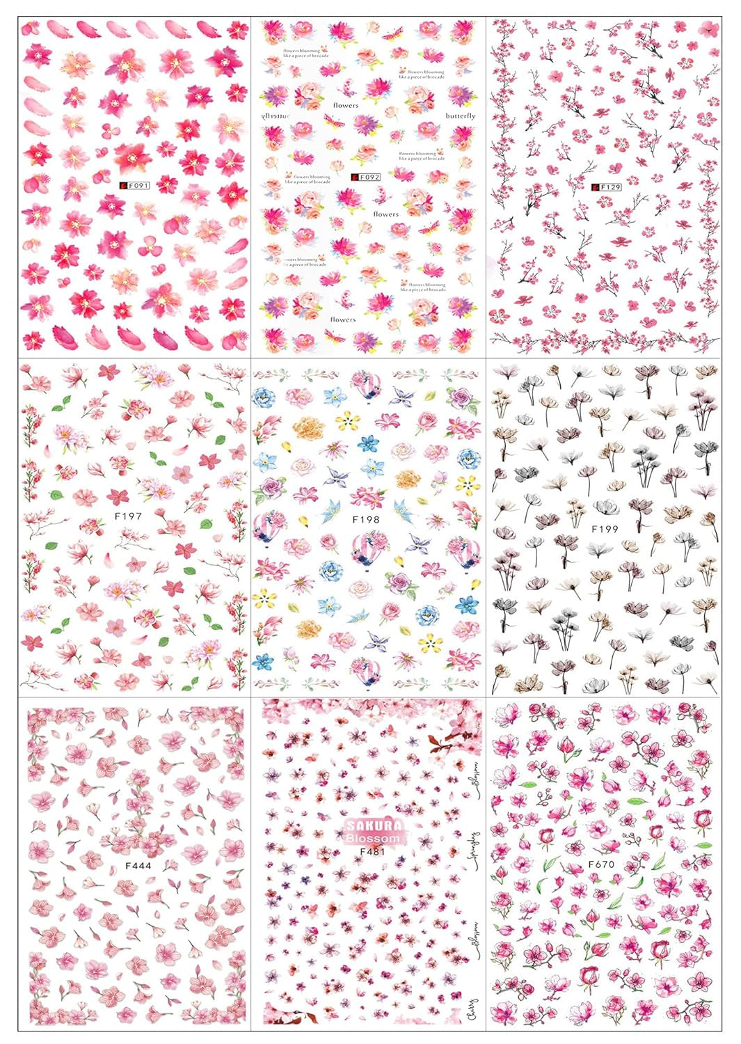JMEOWIO Nagelsticker Frühling Blume 9 Blatt Nagelaufkleber Selbstklebend Rosa Blüte Nail Art Sticker Decoratie Nageldesign Zubehör