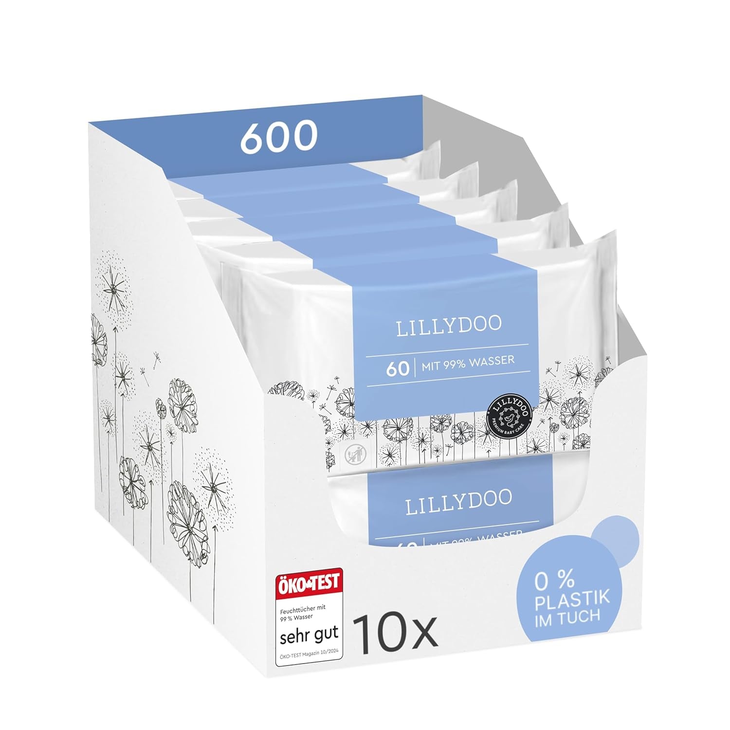 LILLYDOO Groene vochtige doekjes, 600 stuks (10 x 60), 100% plasticvrij, scheurbestendig doekje - geurvrij, zacht en natuurlijk, zachte reiniging voor de gevoelige huid, dermatologisch getest