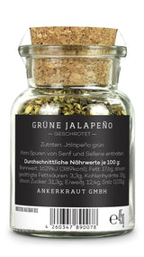 Ankerkraut Grüne Jalapeno, scharfe Chili, Chilis geschrotet, Finisher Scharf Würzen, Scharfes Essen Kochen, Highlight Chili con Carne, Fleisch, Kartoffeln, 45g in korkenglas
