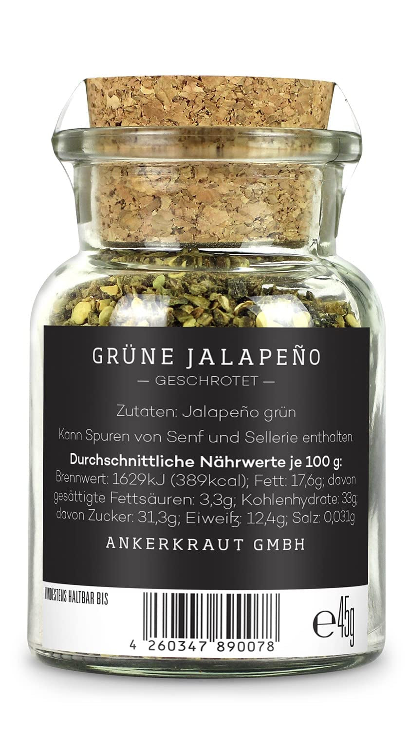 Ankerkraut Grüne Jalapeno, scharfe Chili, Chilis geschrotet, Finisher Scharf Würzen, Scharfes Essen Kochen, Highlight Chili con Carne, Fleisch, Kartoffeln, 45g in korkenglas