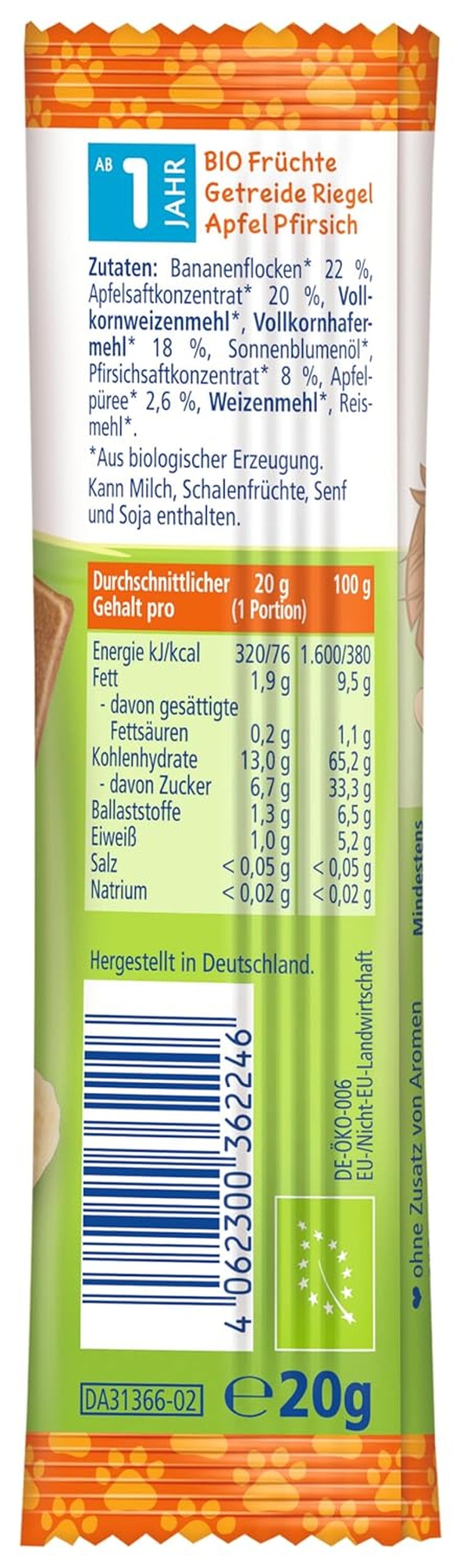 HiPP Leeuwenmueslirepen met knapperige haver en appel en perzik (24 x 20 g), vanaf 1 jaar, alleen gezoet met fruit, van de beste biologische kwaliteit