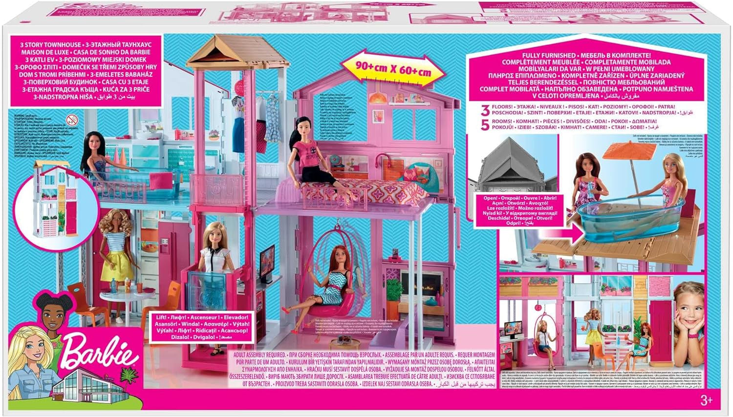 Barbie House Dream Villa 3 verdiepingen tellend herenhuis met 5 kamers inclusief accessoires zoals meubels, opvouwbaar en opbergruimte, speelgoed vanaf 3 jaar oud, DLY32 Naty Shop poppenhuizen