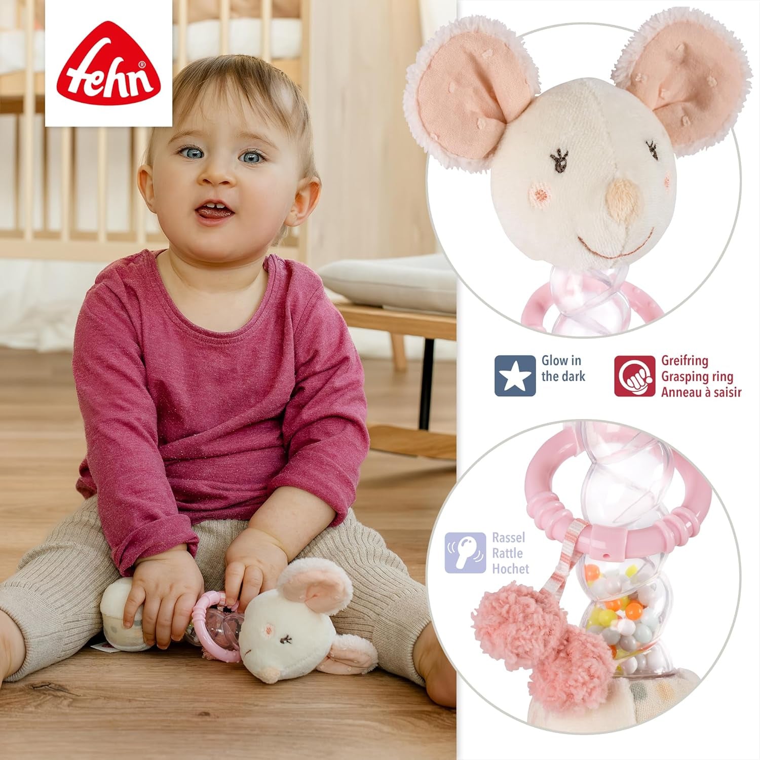 Fehn Rainmaker muis - motorisch speeltje met bel om vast te pakken en geluidjes te maken - belstok stimuleert op speelse wijze zintuigen en motoriek - voor baby's en peuters vanaf 0+ maanden Babyspeelgoed Naty Shop